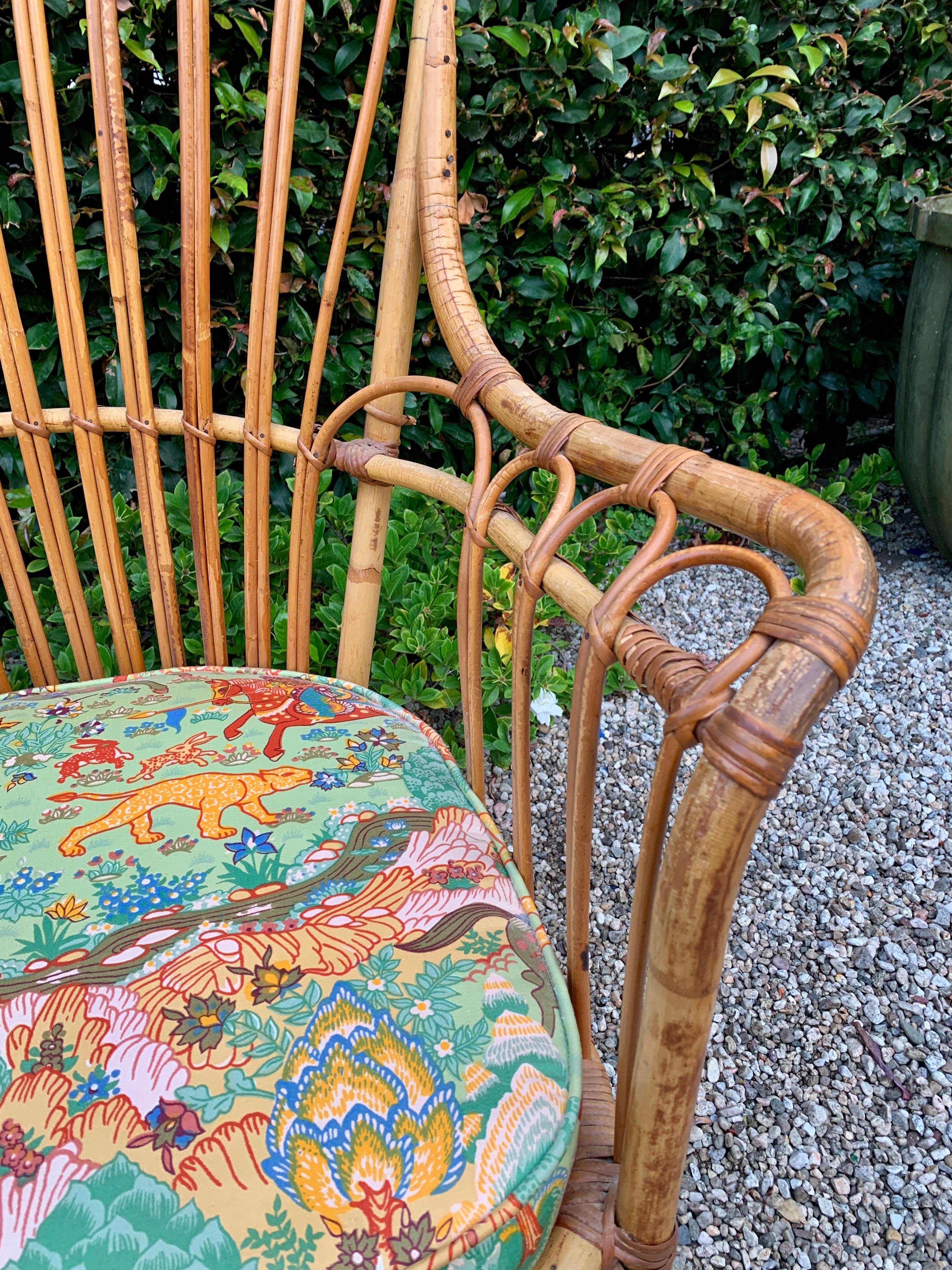 Pair of French Pencil Reed and Bamboo Rattan Wing Chairs 1
