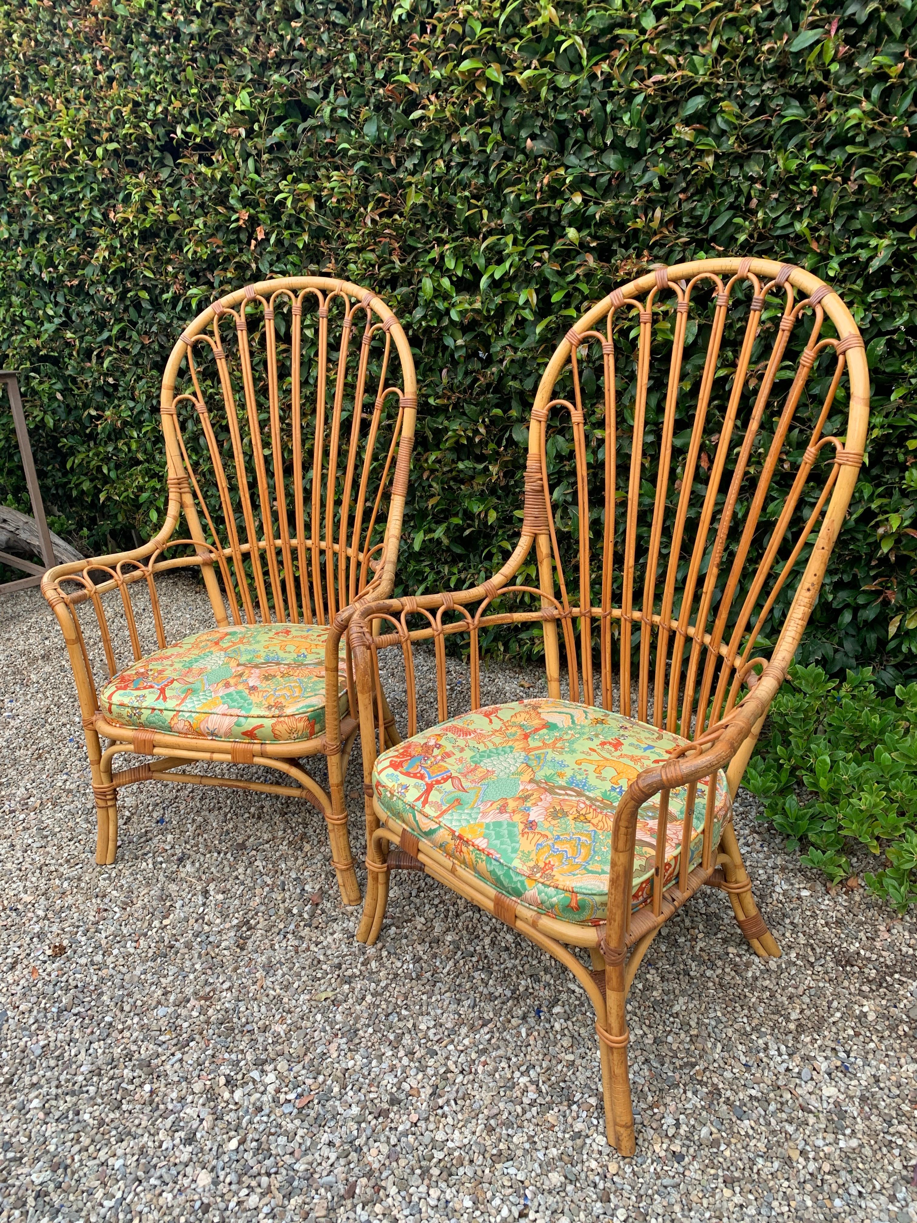 Pair of French Pencil Reed and Bamboo Rattan Wing Chairs 2