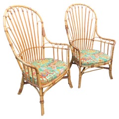 Pair of French Pencil Reed and Bamboo Rattan Wing Chairs