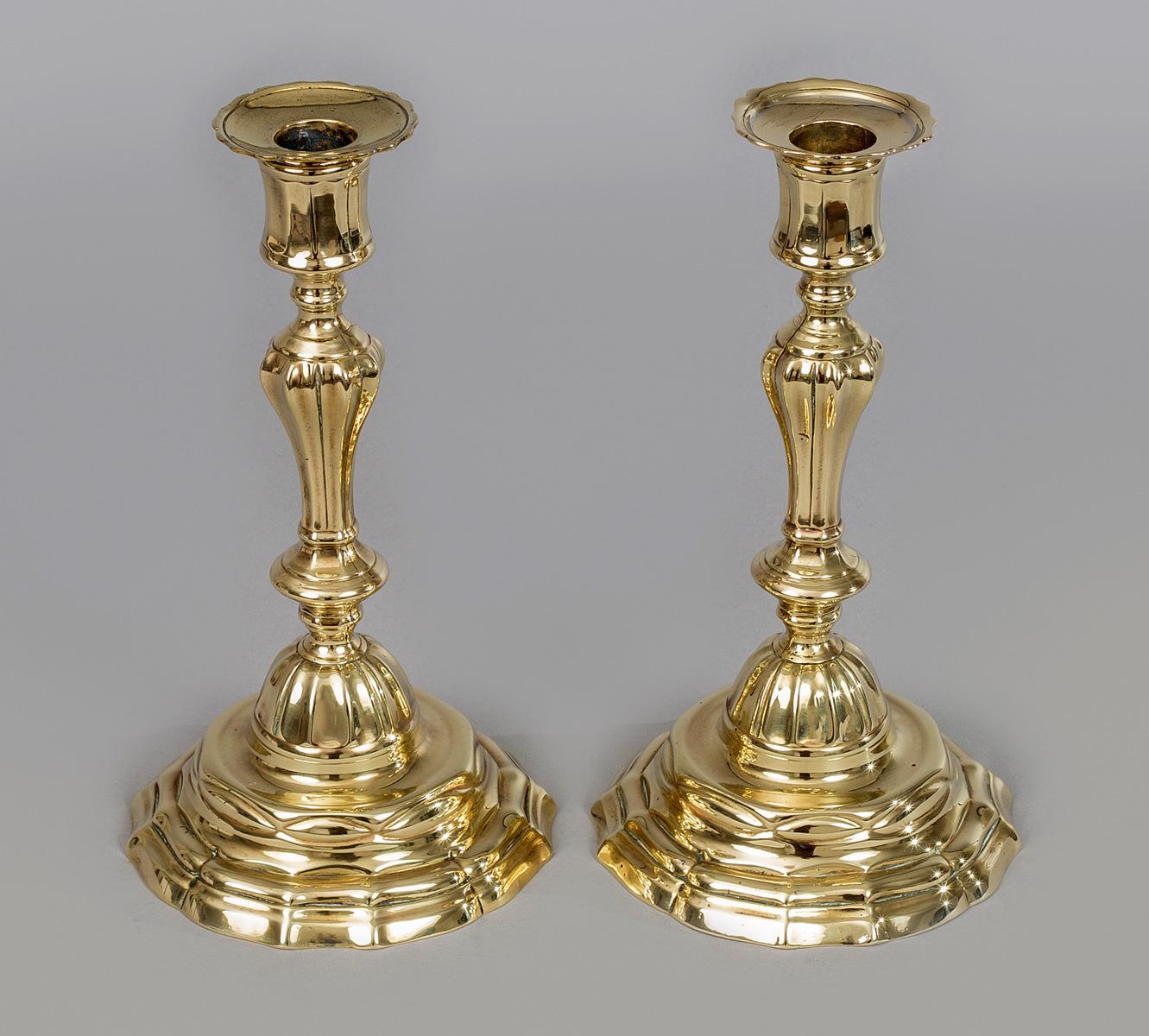 Louis XV Pair of French Period 18th Century Brass Candlesticks For Sale
