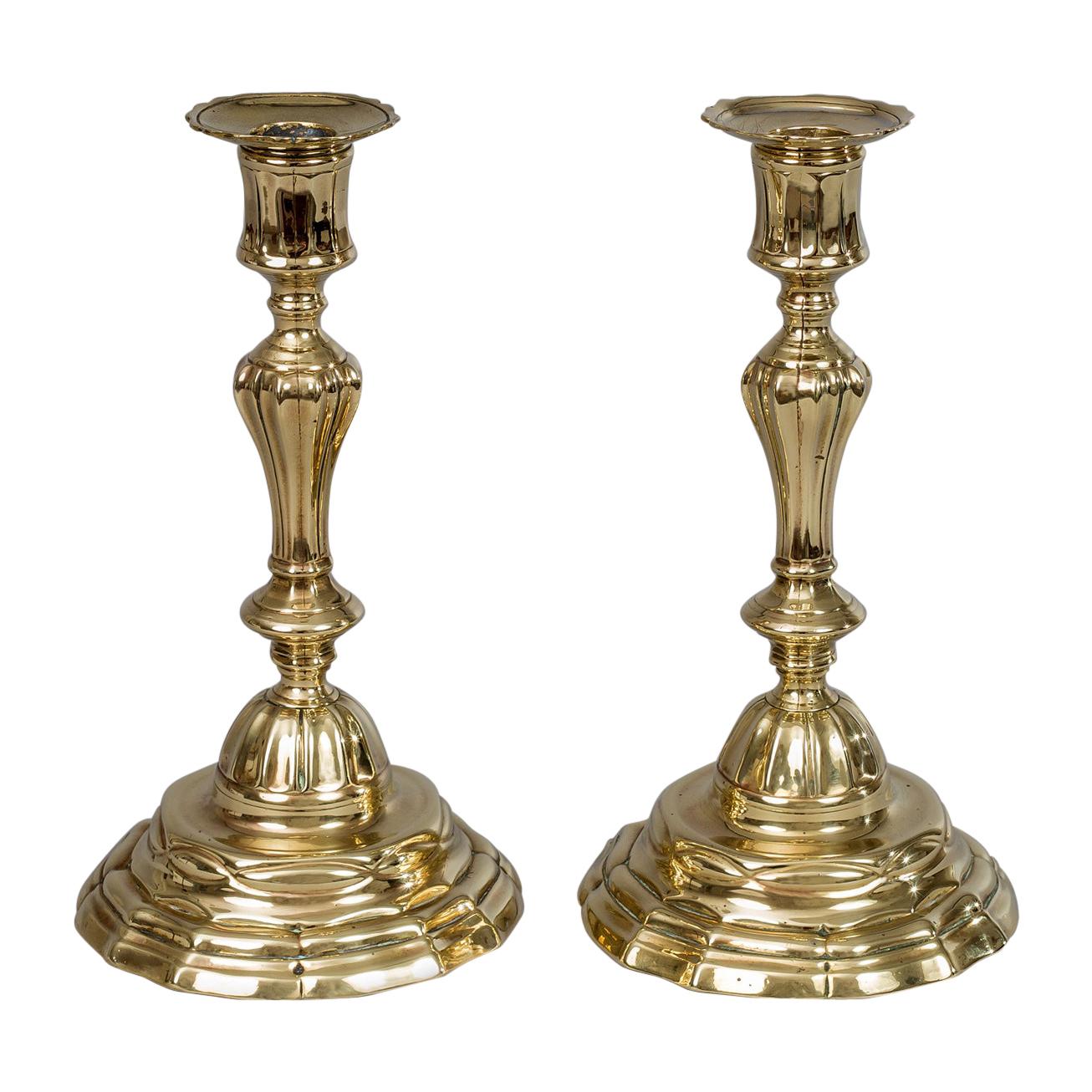 Pair of French Period 18th Century Brass Candlesticks For Sale