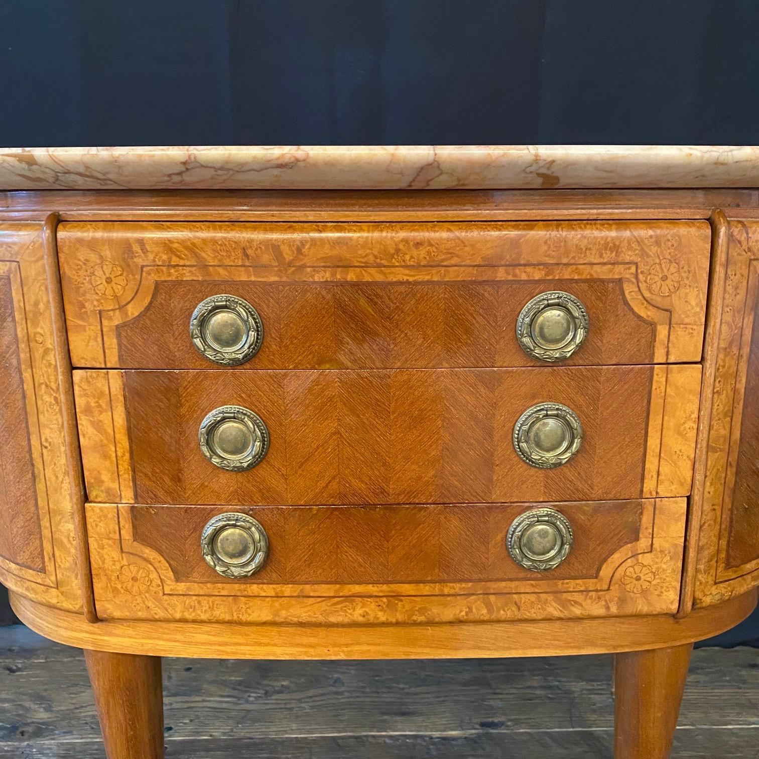 Pair of French Petite Inlaid Neoclassical Walnut Demilune Commodes Night Stands For Sale 1