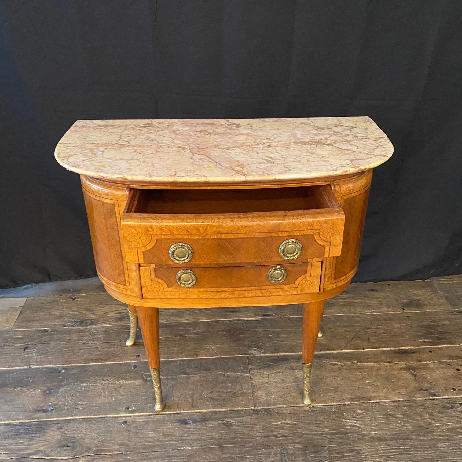Pair of French Petite Inlaid Neoclassical Walnut Demilune Commodes Night Stands For Sale 4
