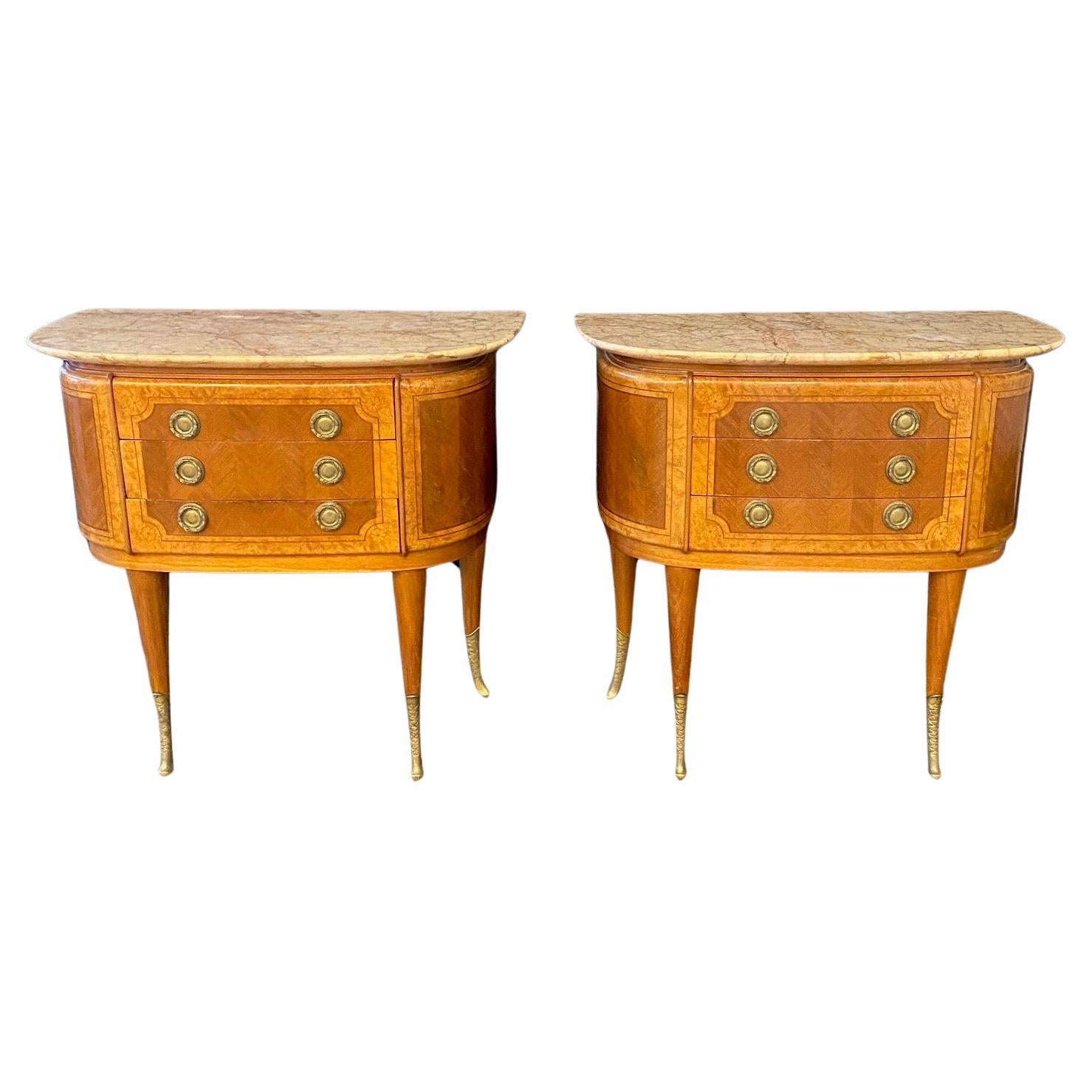 Pair of French Petite Inlaid Neoclassical Walnut Demilune Commodes Night Stands For Sale