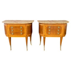 Antique Pair of French Petite Inlaid Neoclassical Walnut Demilune Commodes Night Stands
