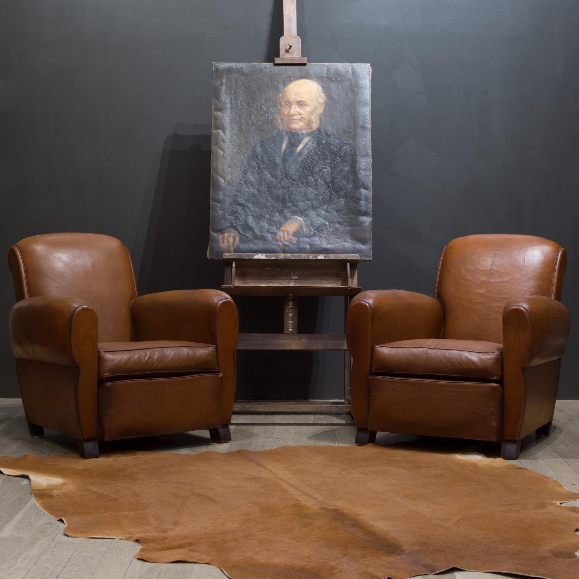 About
 
Price is for the pair.

All original French petite rollback sheep hide leather lounge chairs with riveted backs, wooden feet and rounded armrests. Both chairs have retained their original finish with minor blemishes on the leather and on the