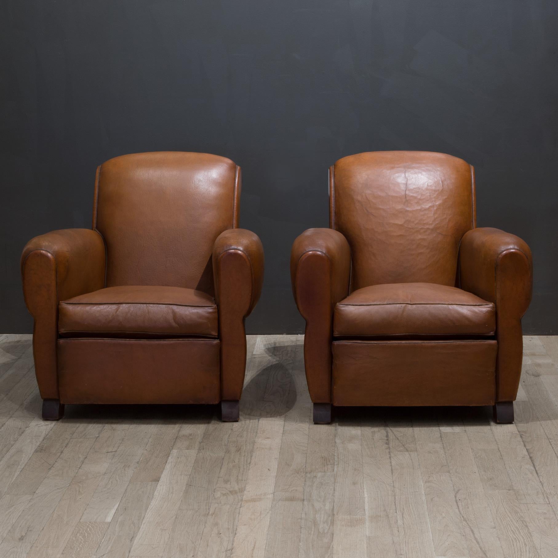 Industrial Pair of French Petite Rollback Sheep Hide Club Chairs, c.1940