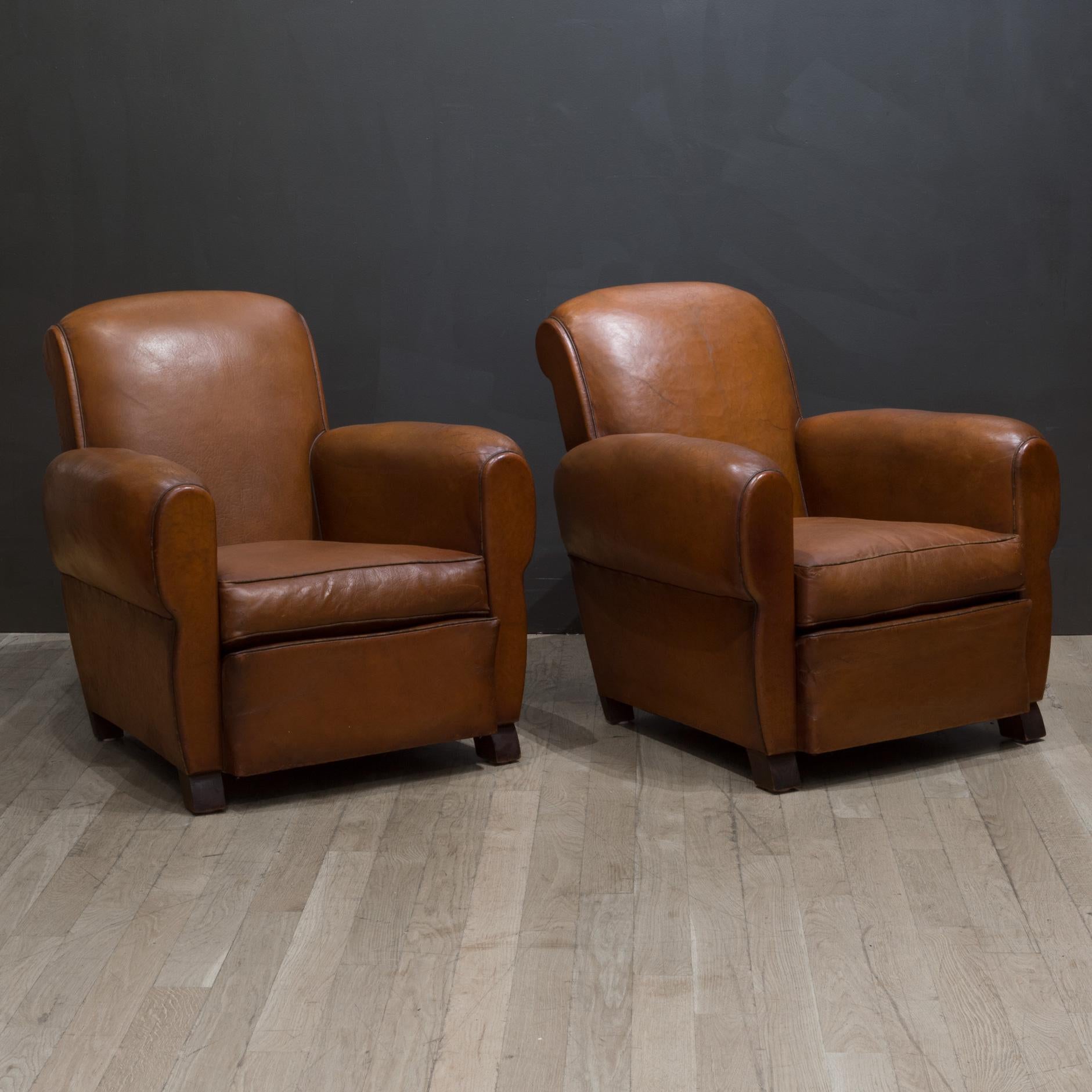 Pair of French Petite Rollback Sheep Hide Club Chairs, c.1940 In Good Condition In San Francisco, CA