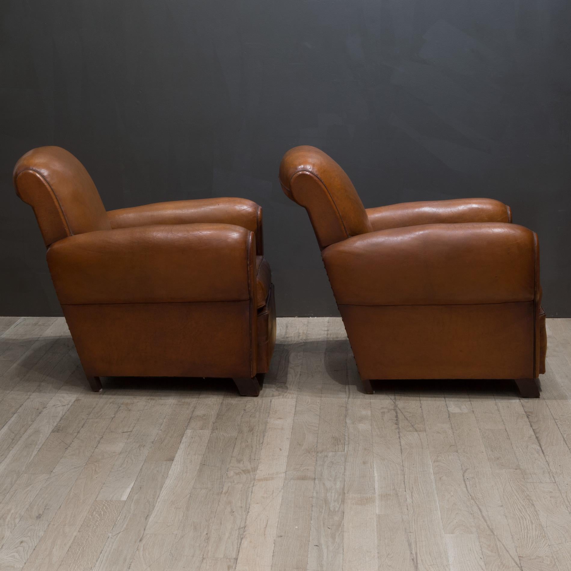 20th Century Pair of French Petite Rollback Sheep Hide Club Chairs, c.1940