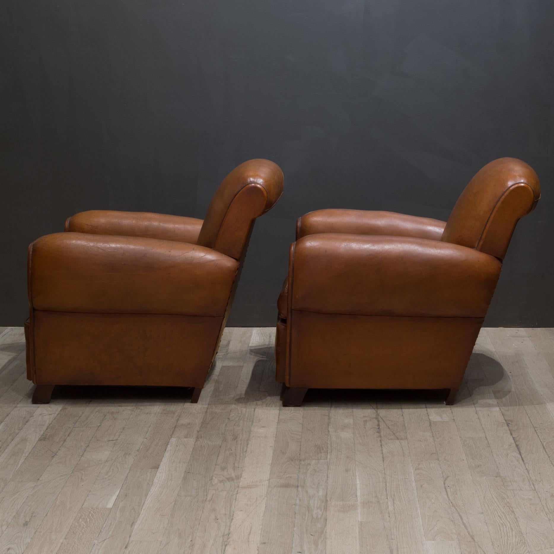 Pair of French Petite Rollback Sheep Hide Club Chairs, c.1940 1