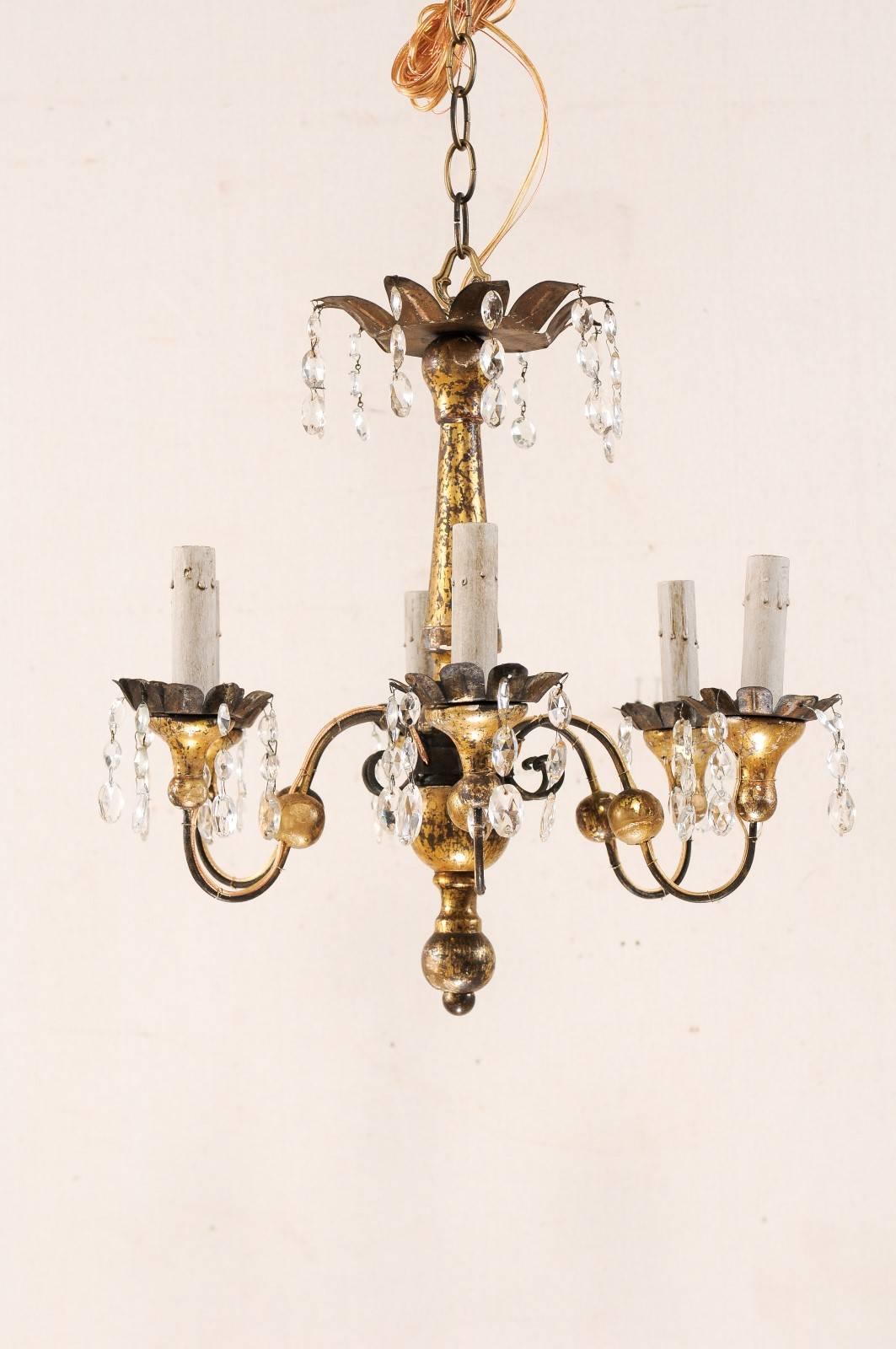 Patinated Pair of French Petite-Sized Painted Wood, Metal and Crystal Gold Chandeliers