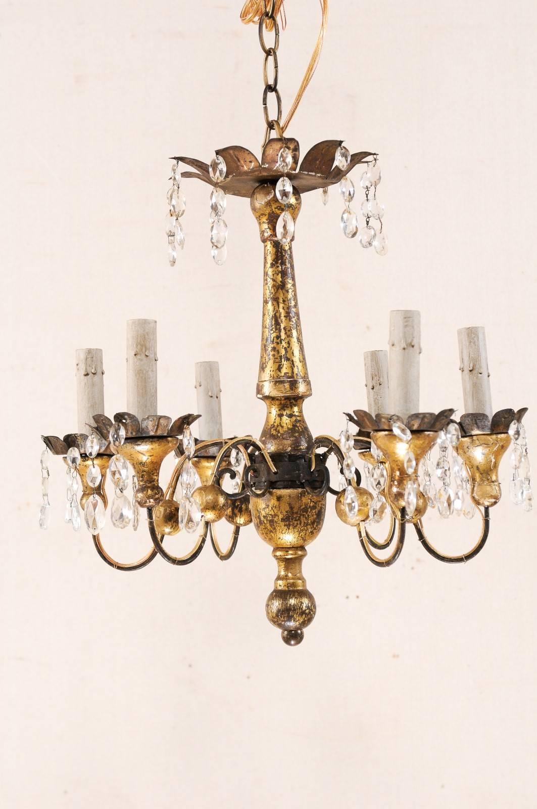 Pair of French Petite-Sized Painted Wood, Metal and Crystal Gold Chandeliers In Good Condition In Atlanta, GA