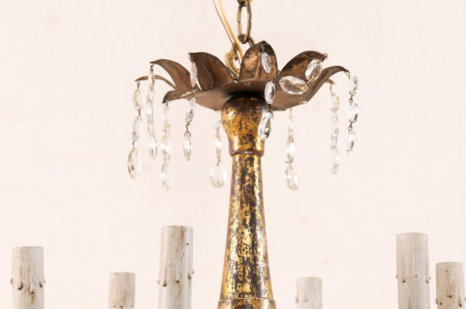 20th Century Pair of French Petite-Sized Painted Wood, Metal and Crystal Gold Chandeliers
