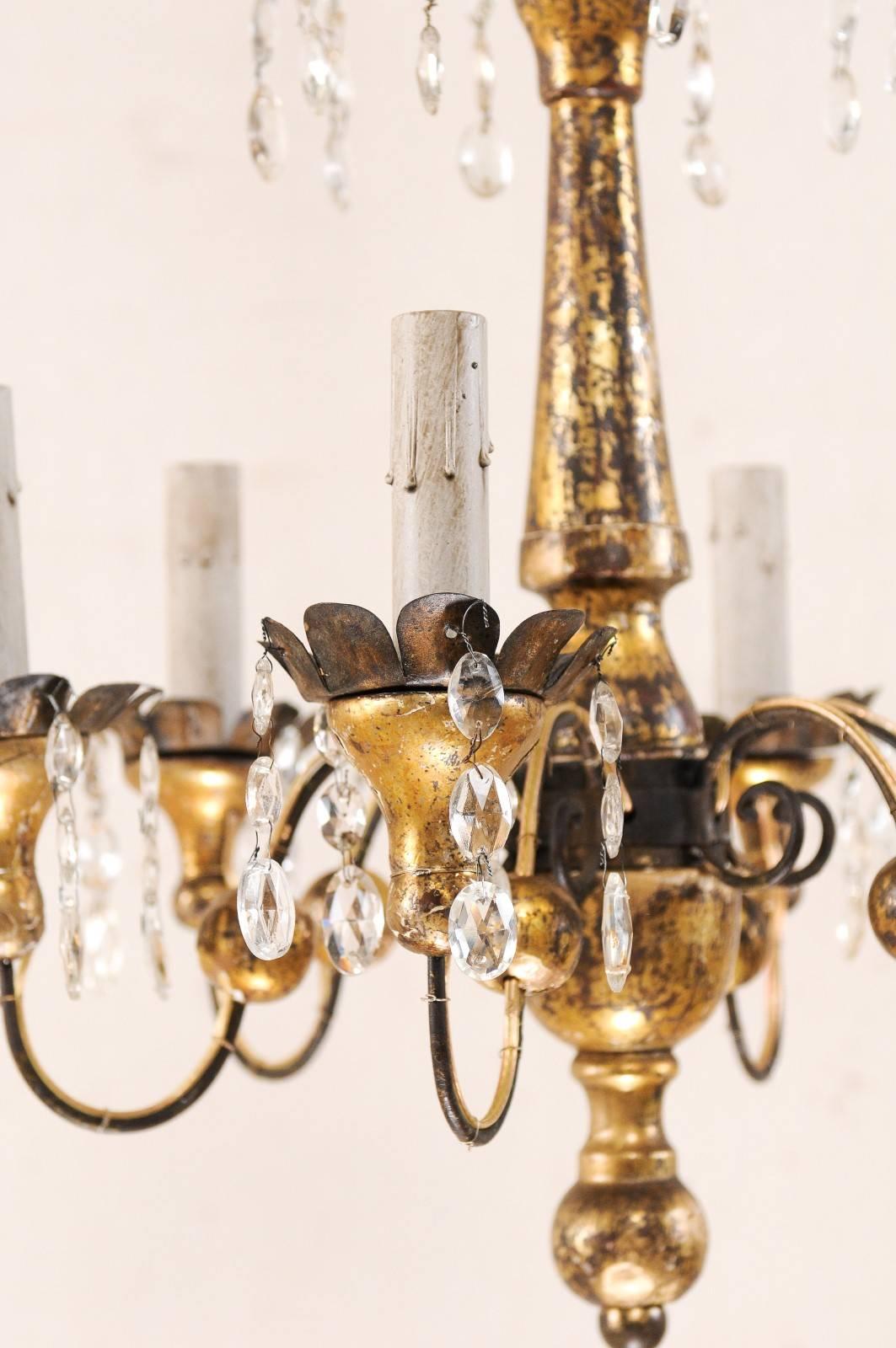 Pair of French Petite-Sized Painted Wood, Metal and Crystal Gold Chandeliers 1