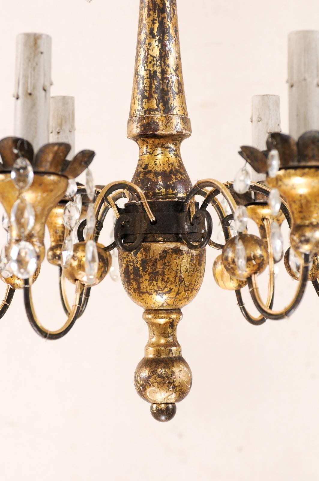 Pair of French Petite-Sized Painted Wood, Metal and Crystal Gold Chandeliers 2