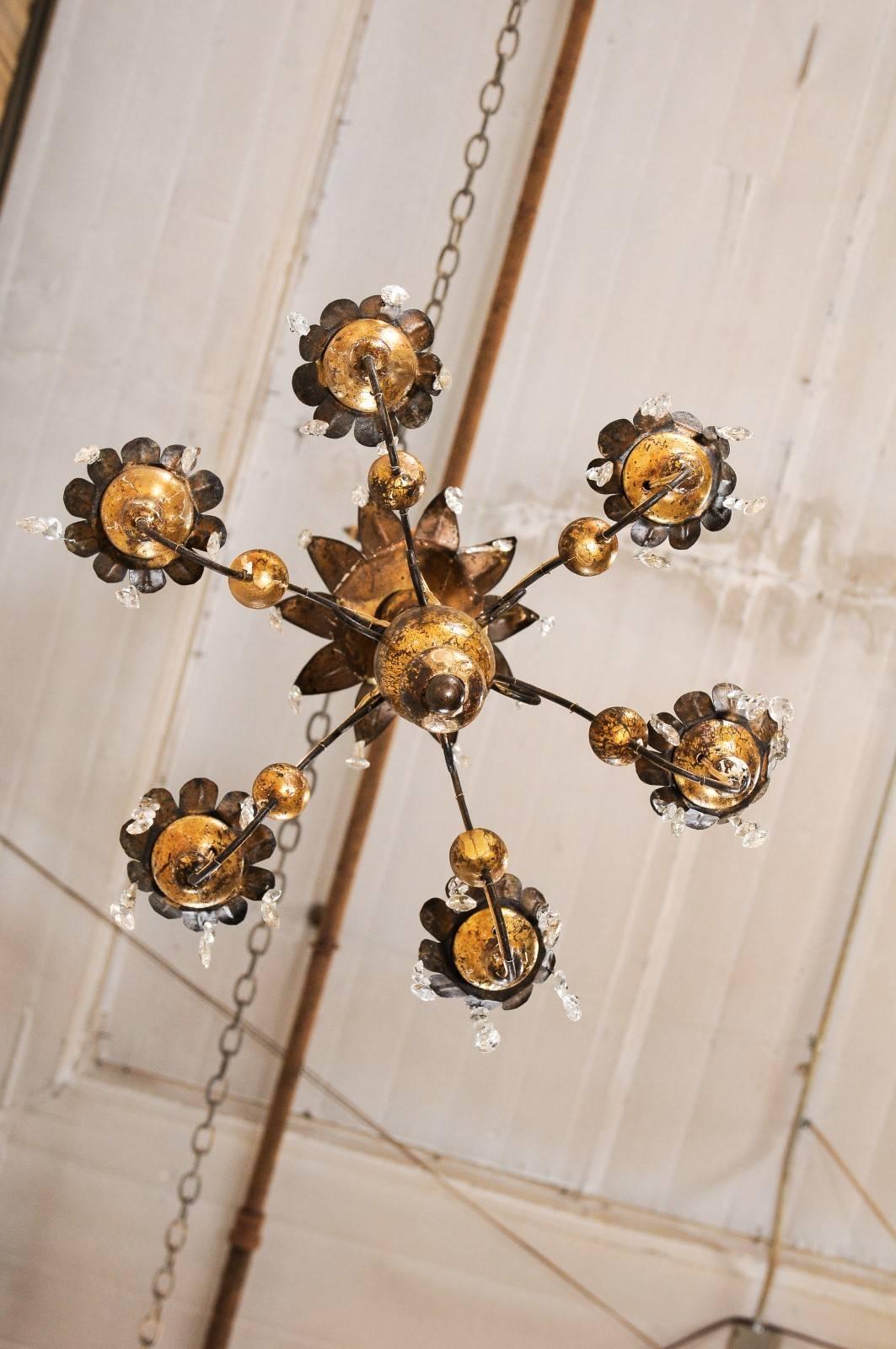 Pair of French Petite-Sized Painted Wood, Metal and Crystal Gold Chandeliers 3