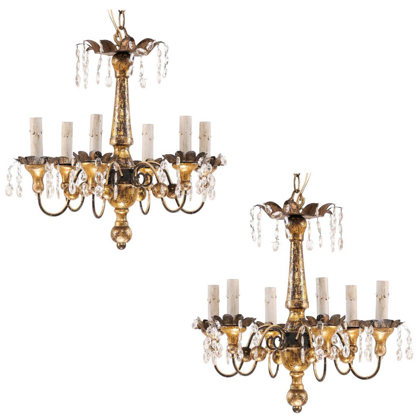 Pair of French Petite-Sized Painted Wood, Metal and Crystal Gold Chandeliers