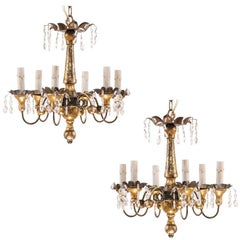 Pair of French Petite-Sized Painted Wood, Metal and Crystal Gold Chandeliers