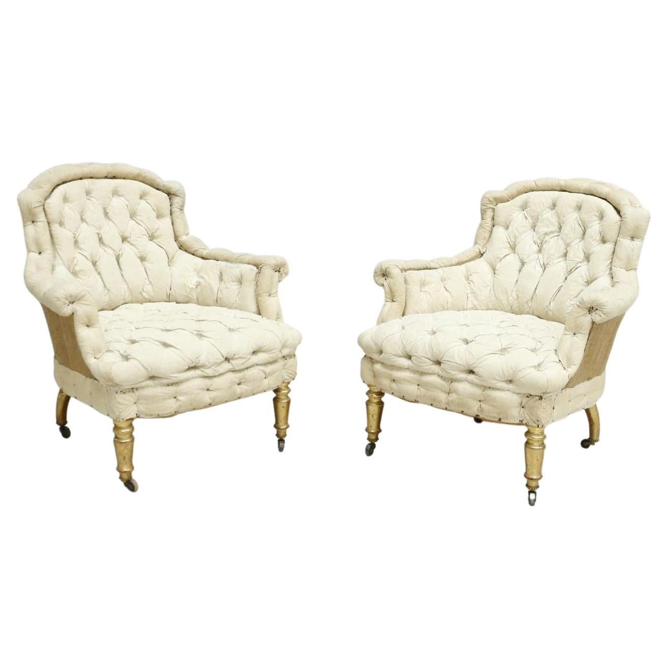 Pair of French Piecrust Armchairs, Deep Buttons