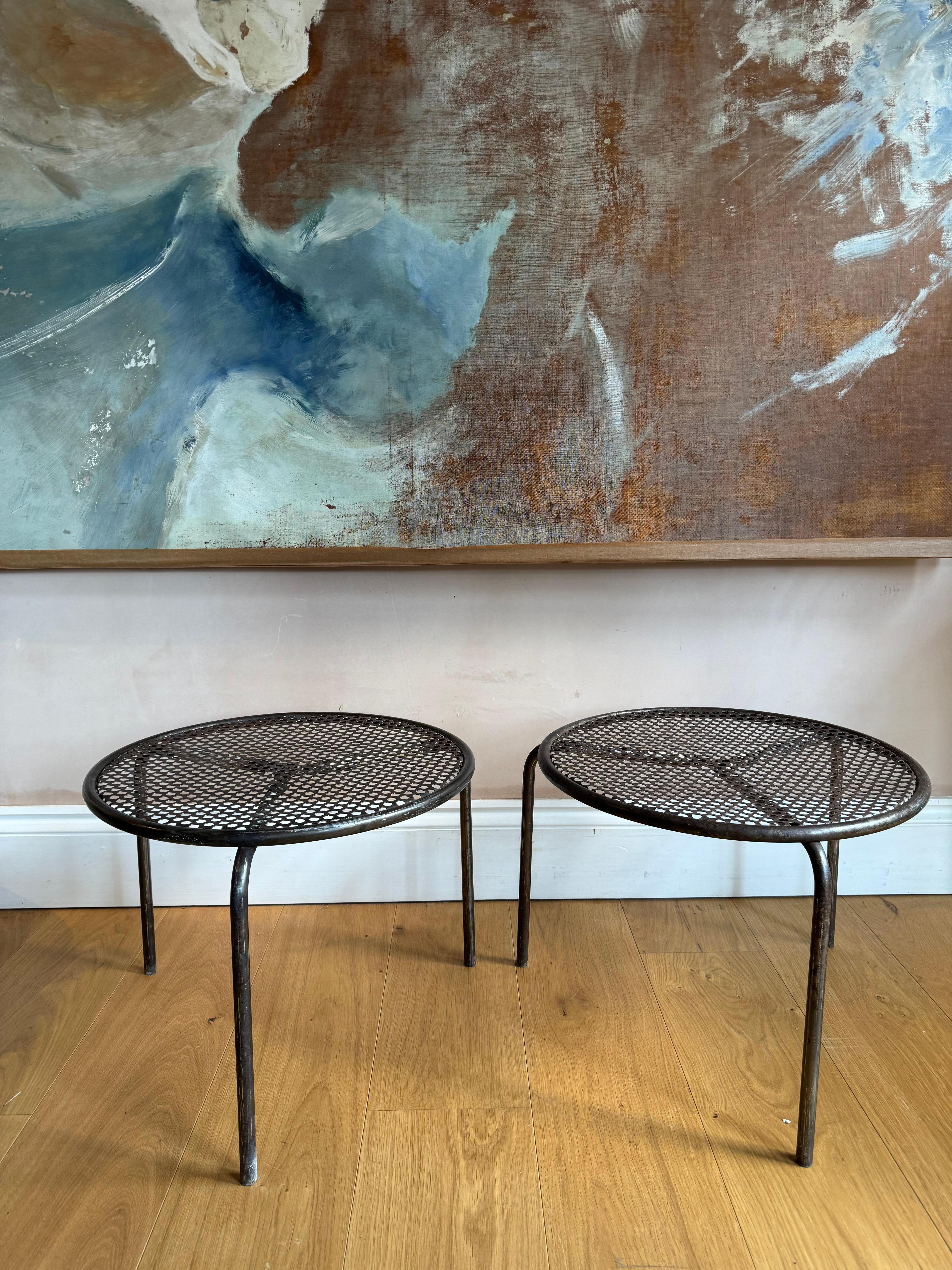 Mid-Century Modern Pair of French pierced metal side tables For Sale