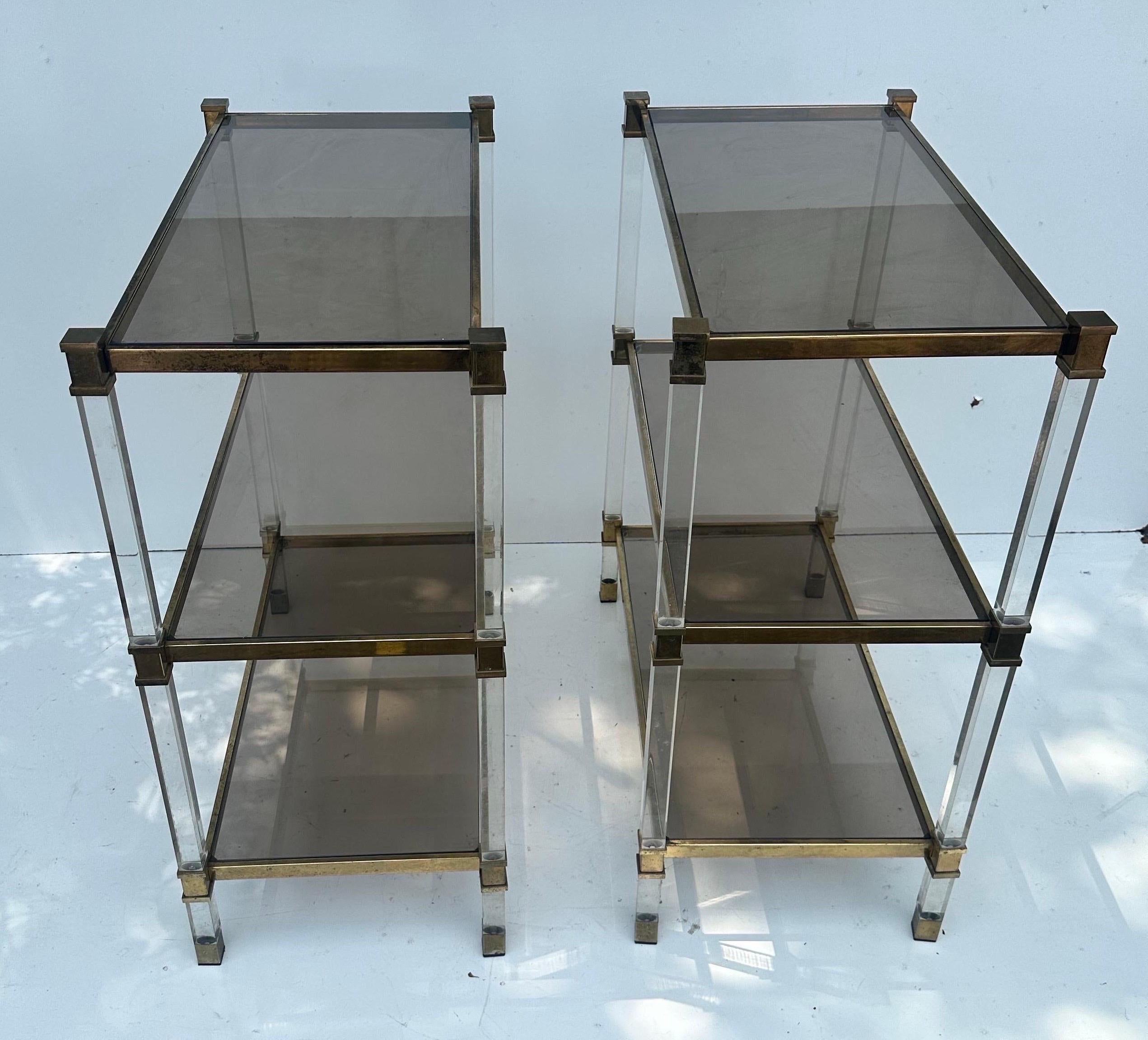 Pair of French Pierre Vandel Lucite and Brass Side Table In Fair Condition For Sale In Miami, FL