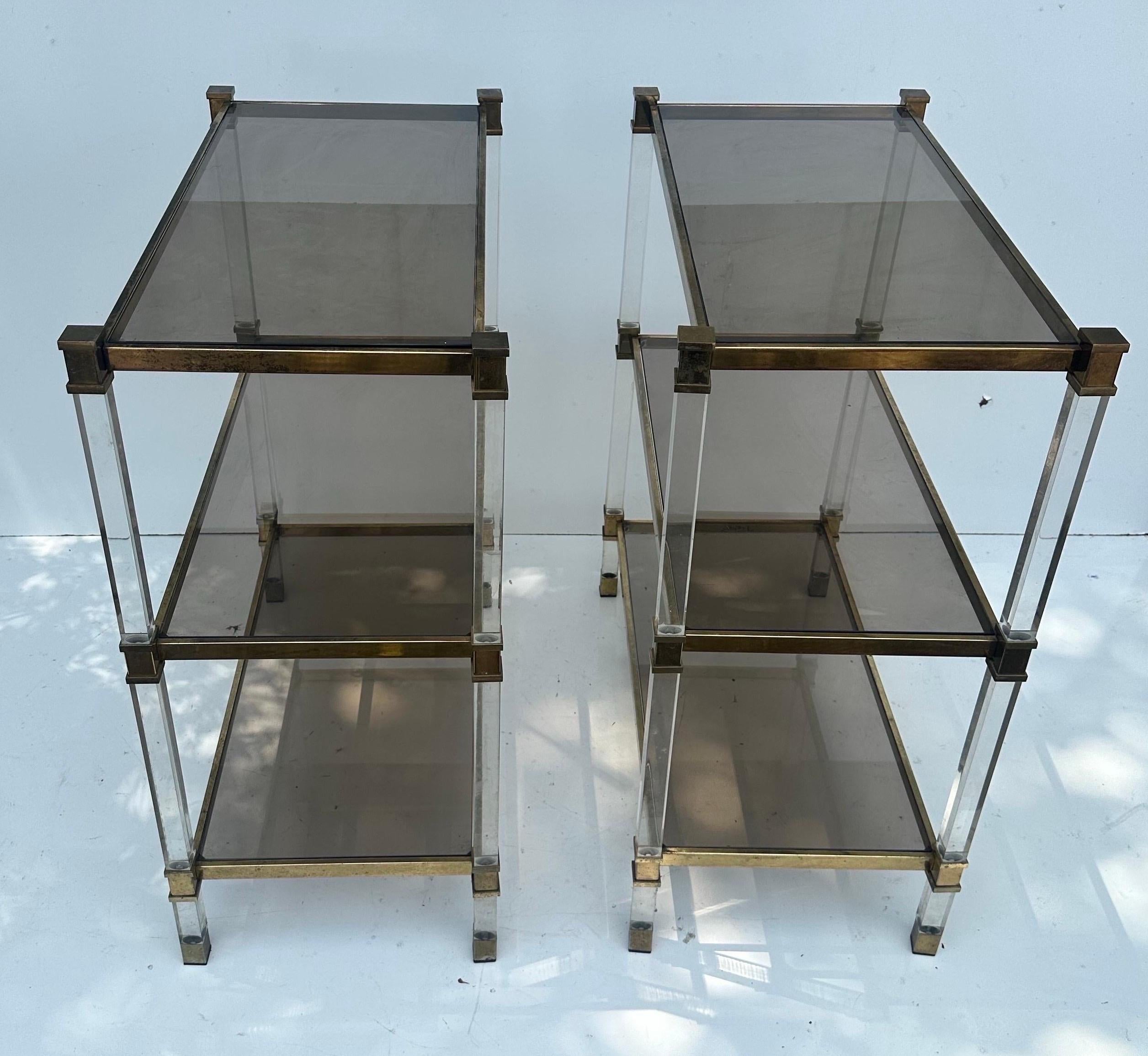 Late 20th Century Pair of French Pierre Vandel Lucite and Brass Side Table For Sale