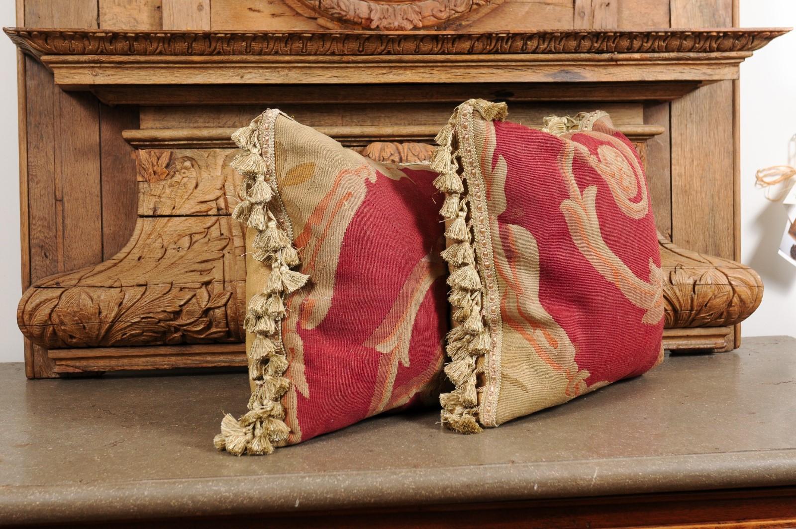 Pair of French Pillows Made of 19th Century Aubusson Tapestries with Foliage For Sale 7