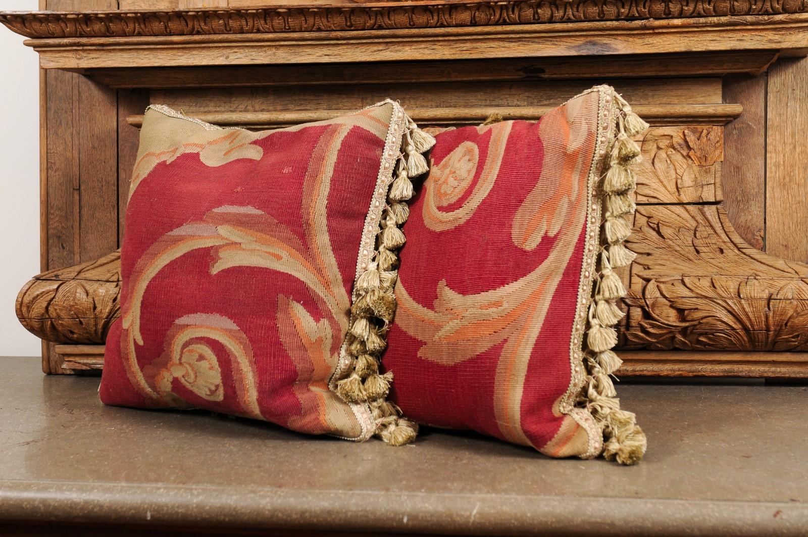 Pair of French Pillows Made of 19th Century Aubusson Tapestries with Foliage For Sale 8