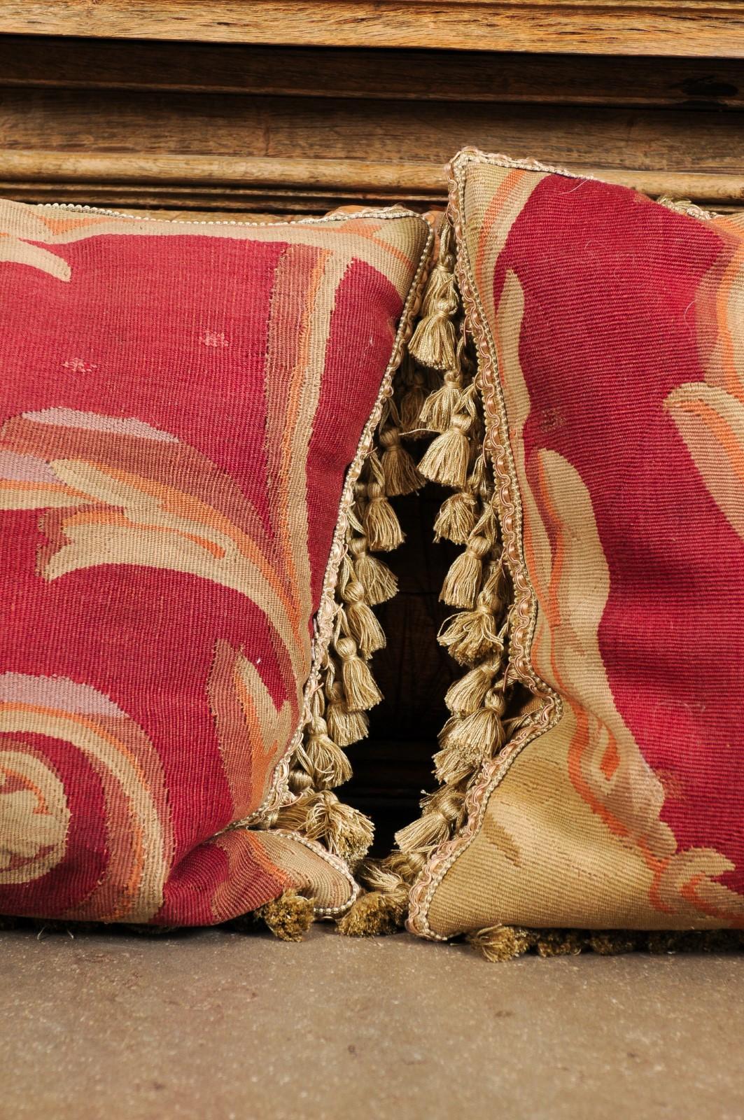 Pair of French Pillows Made of 19th Century Aubusson Tapestries with Foliage For Sale 10