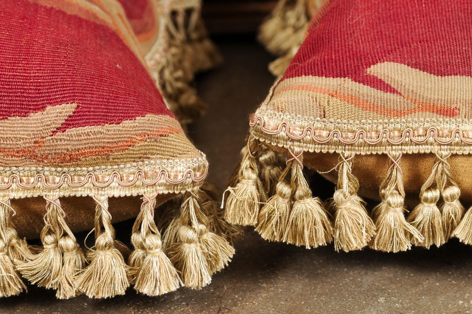 Pair of French Pillows Made of 19th Century Aubusson Tapestries with Foliage For Sale 4