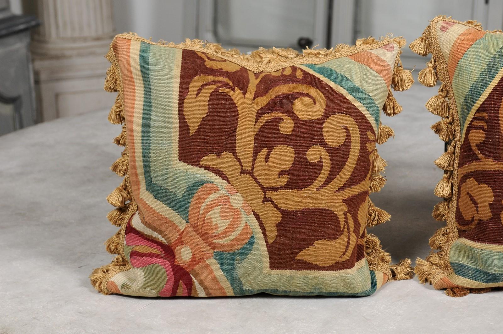 Pair of French Pillows Made of 19th Century Aubusson Tapestry with Floral Décor In Good Condition For Sale In Atlanta, GA