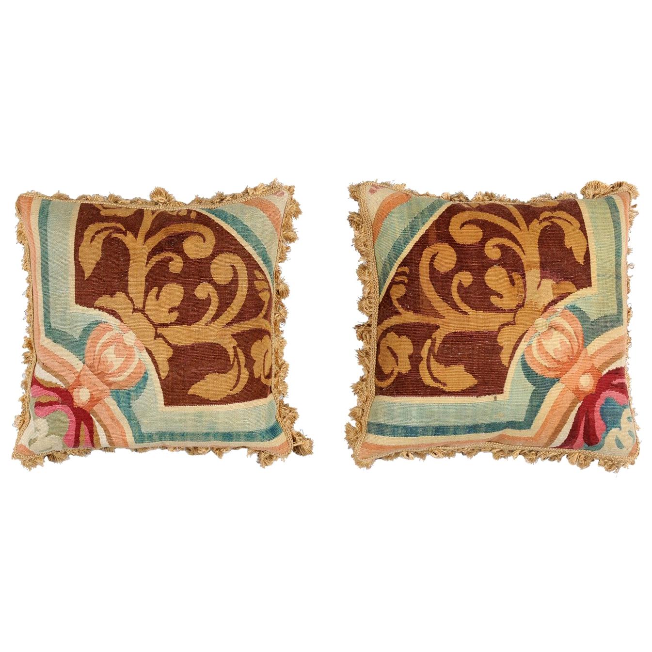 Pair of French Pillows Made of 19th Century Aubusson Tapestry with Floral Décor For Sale