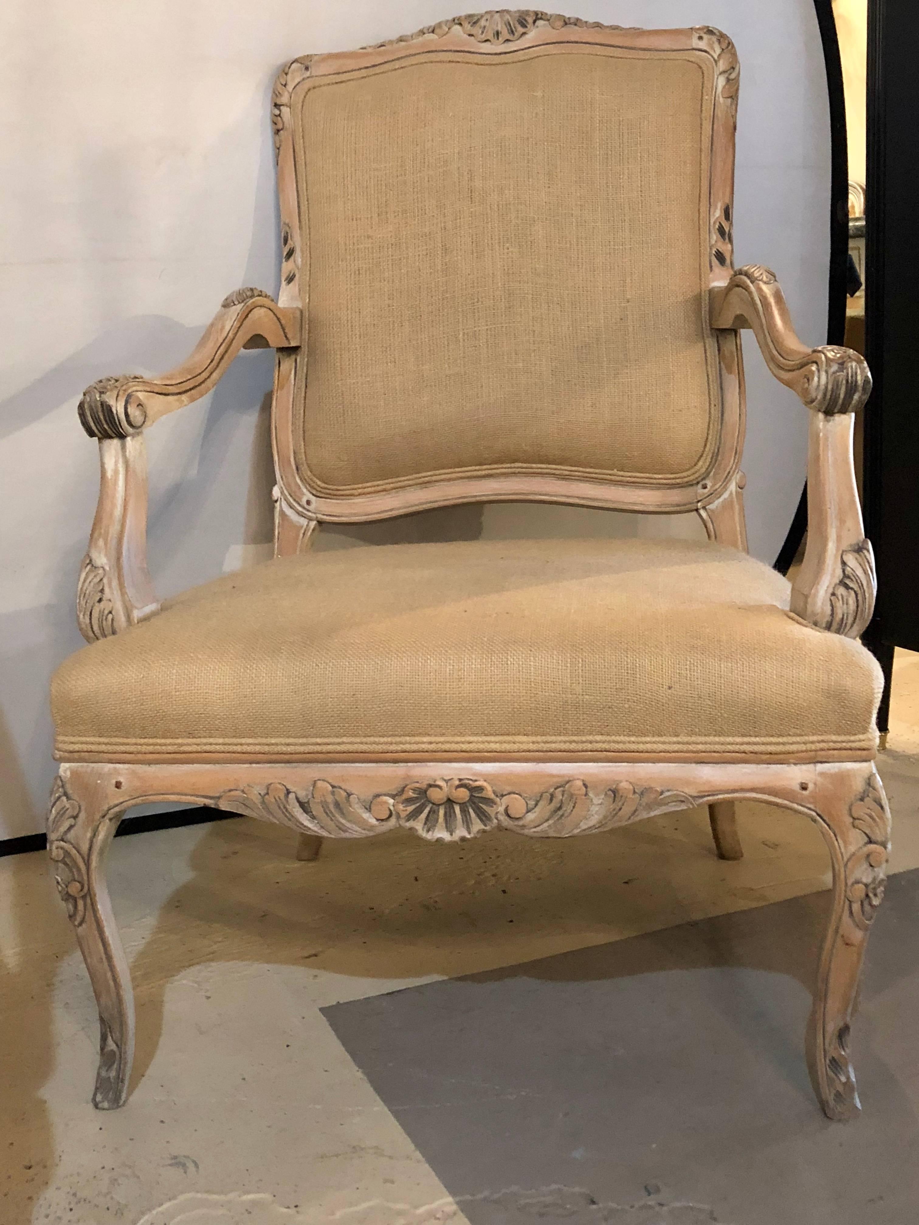 Pair of French Pin Construction Burlap Armchairs or Fauteuil Chairs 12