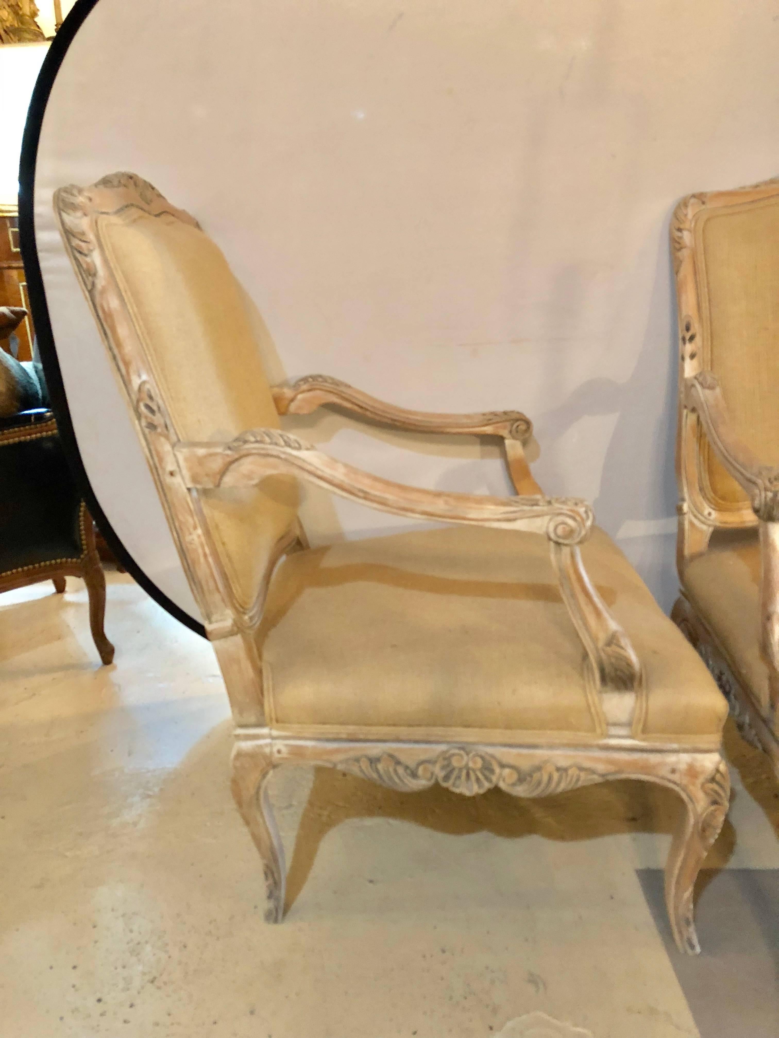 Hollywood Regency Pair of French Pin Construction Burlap Armchairs or Fauteuil Chairs