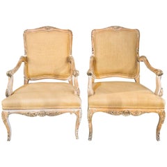 Pair of French Pin Construction Burlap Armchairs or Fauteuil Chairs
