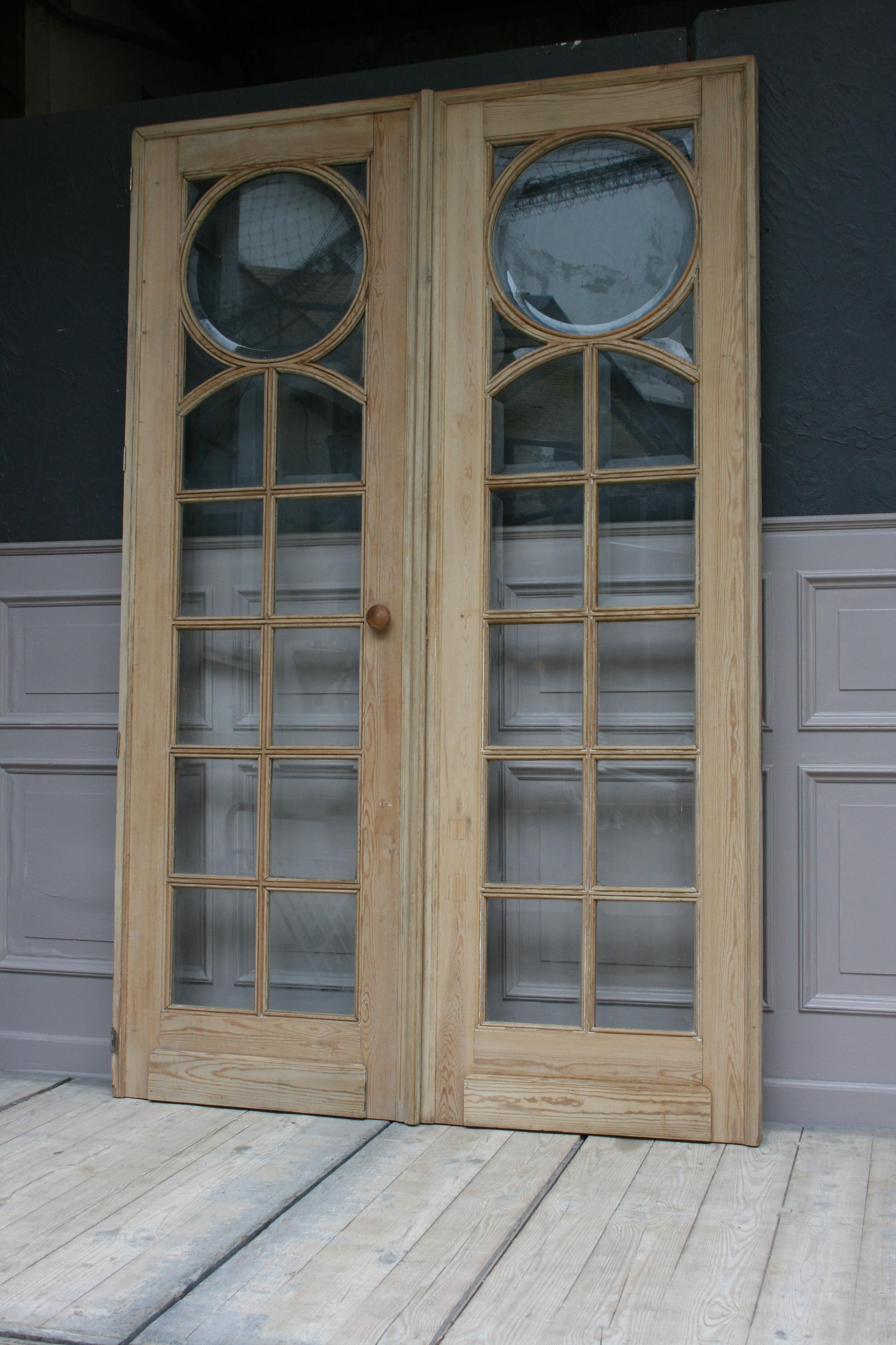 Pair of French Pine Doors with Beveled Glass, Art Deco, circa 1920s 8
