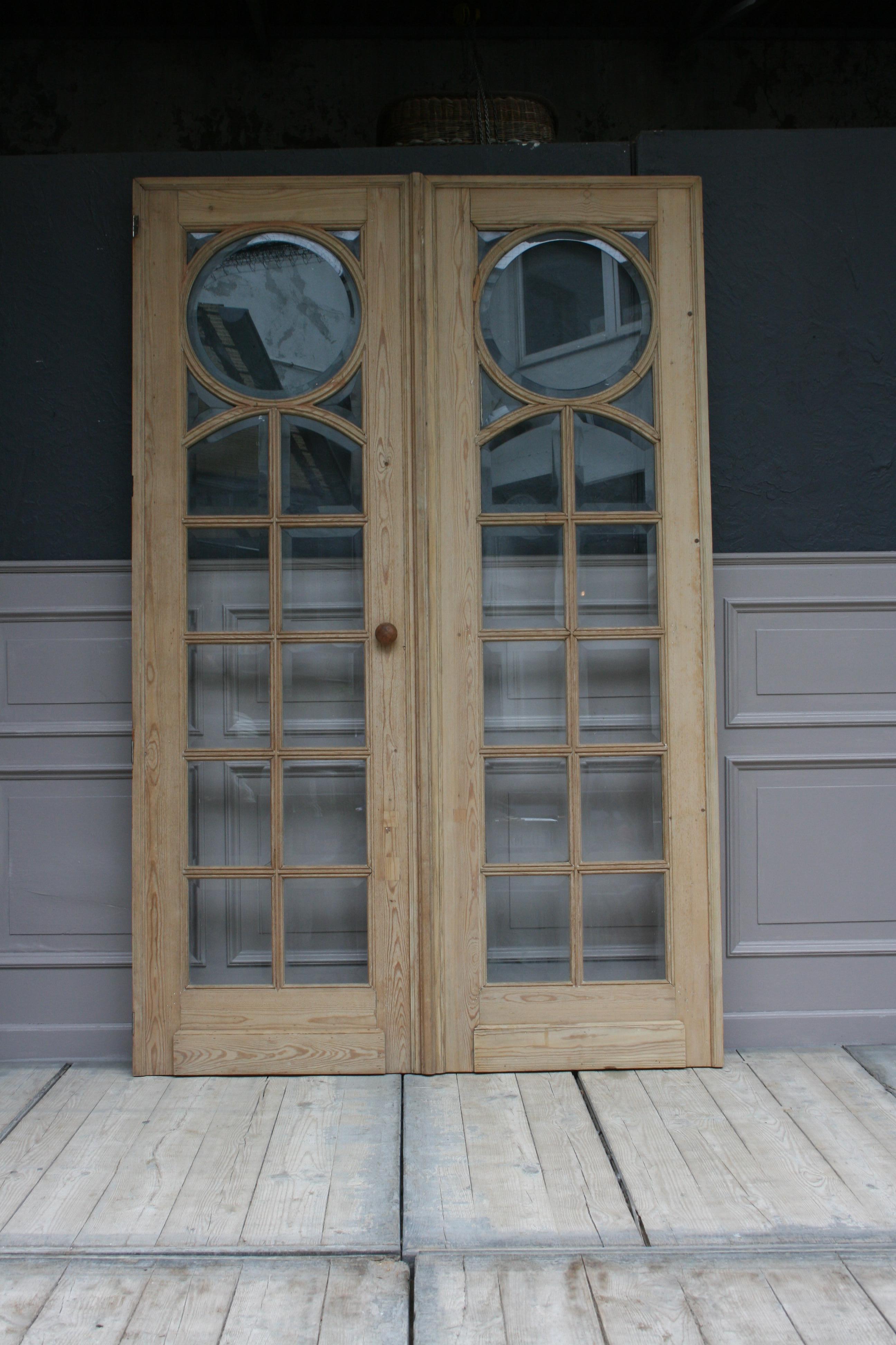 Pair of French Pine Doors with Beveled Glass, Art Deco, circa 1920s 9