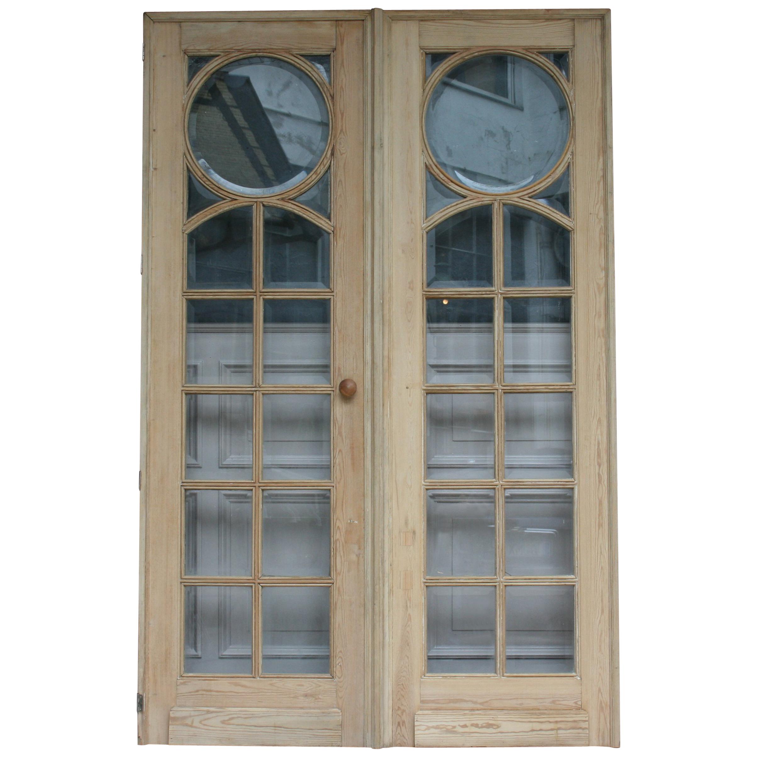 Pair of French Pine Doors with Beveled Glass, Art Deco, circa 1920s