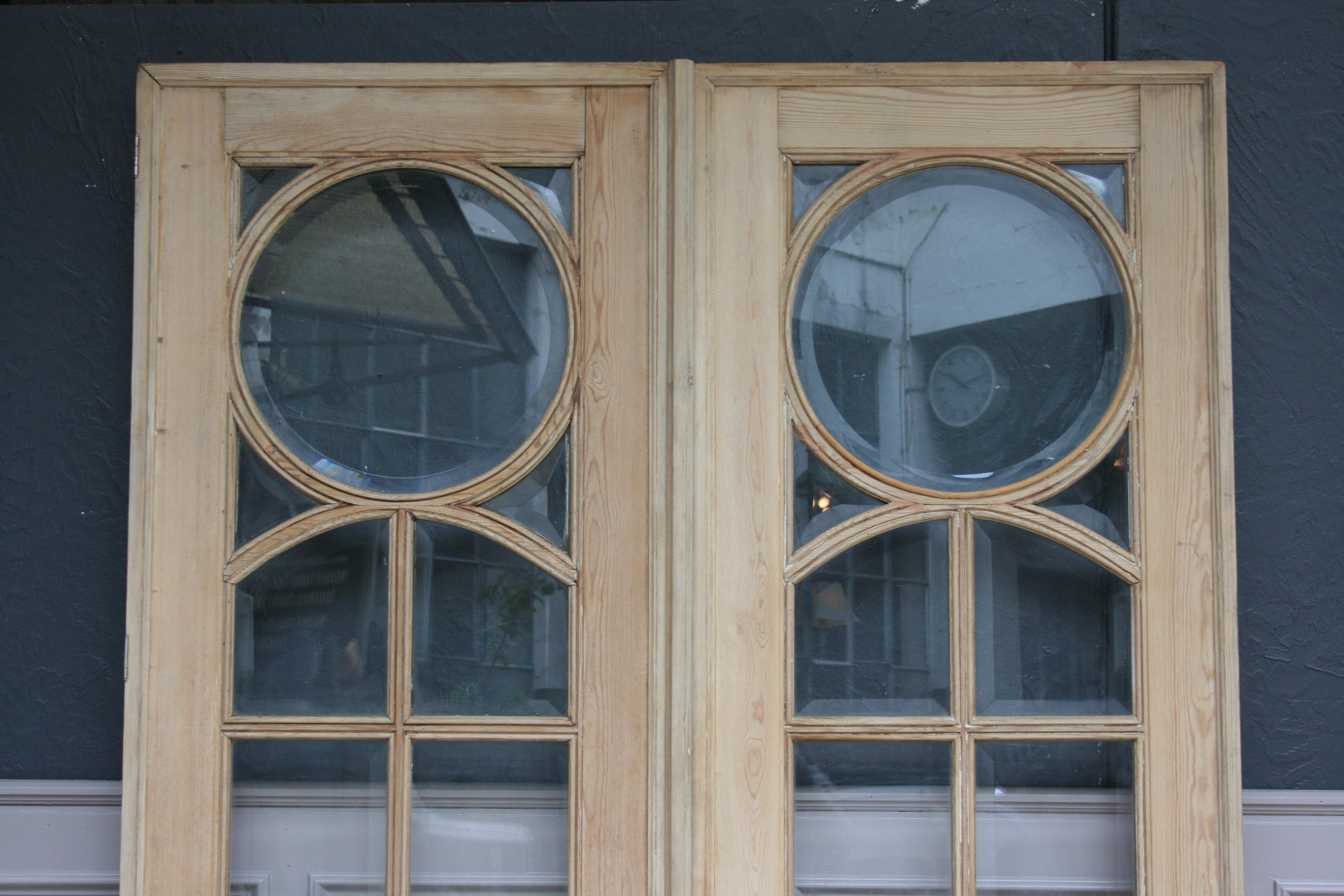 Early 20th Century Pair of French Pine Doors with Beveled Glass, Art Deco, circa 1920s