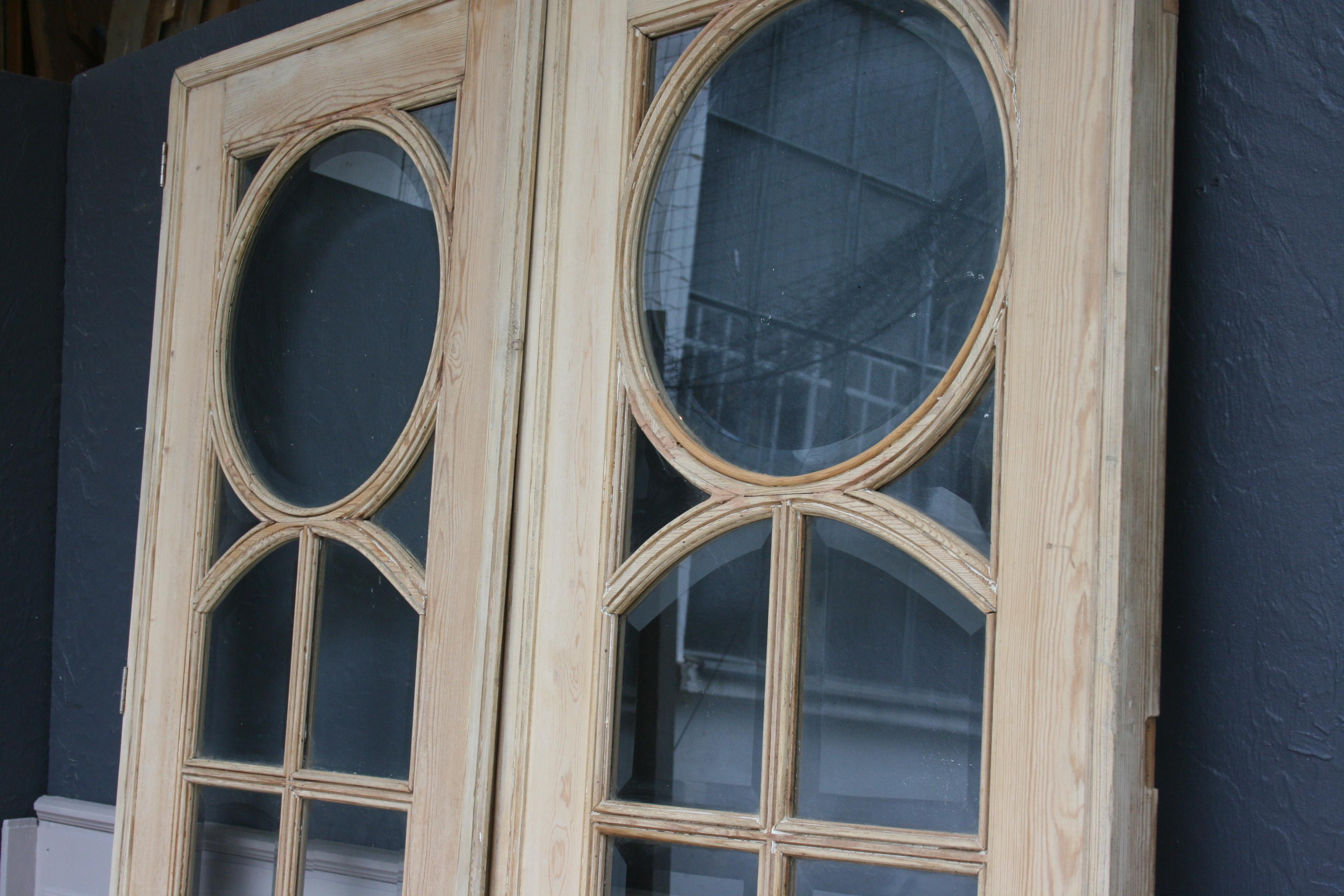 Cut Glass Pair of French Pine Doors with Beveled Glass, Art Deco, circa 1920s