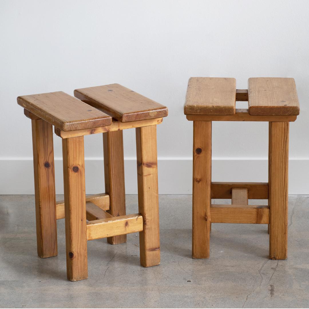 Pair of French Pine Stool in the Style of Charlotte Perriand 6