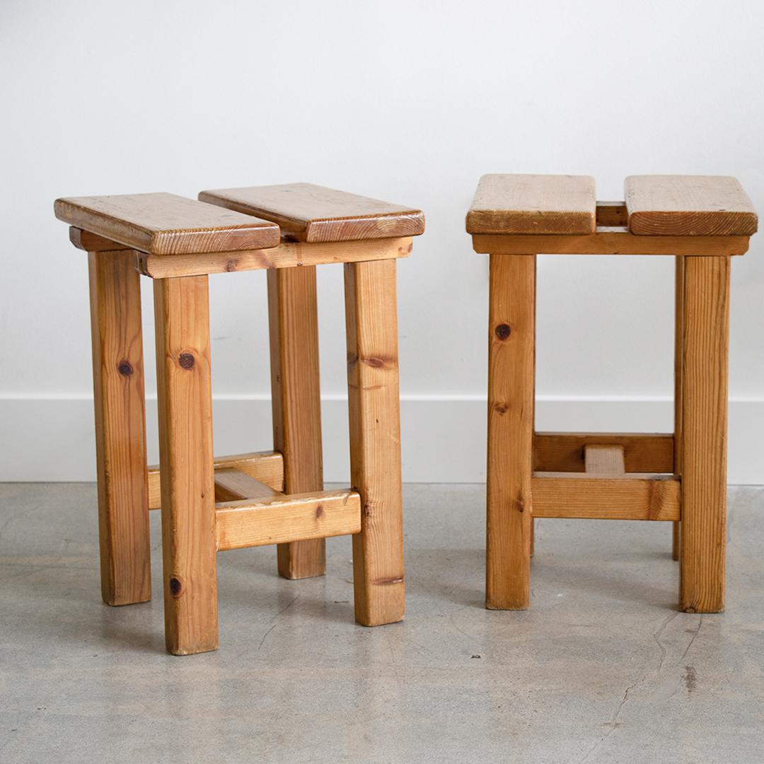 Pair of French Pine Stool in the Style of Charlotte Perriand 5