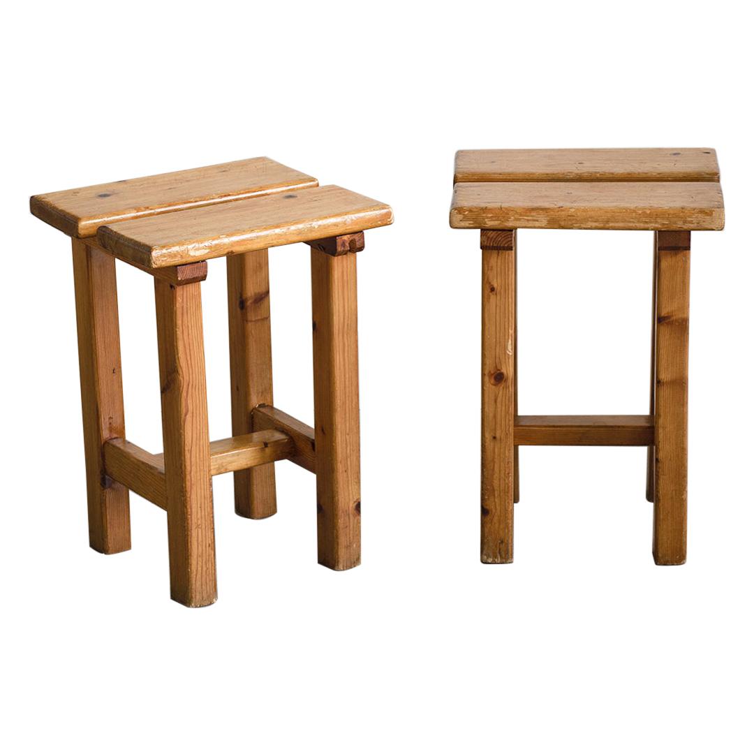 Pair of French Pine Stool in the Style of Charlotte Perriand