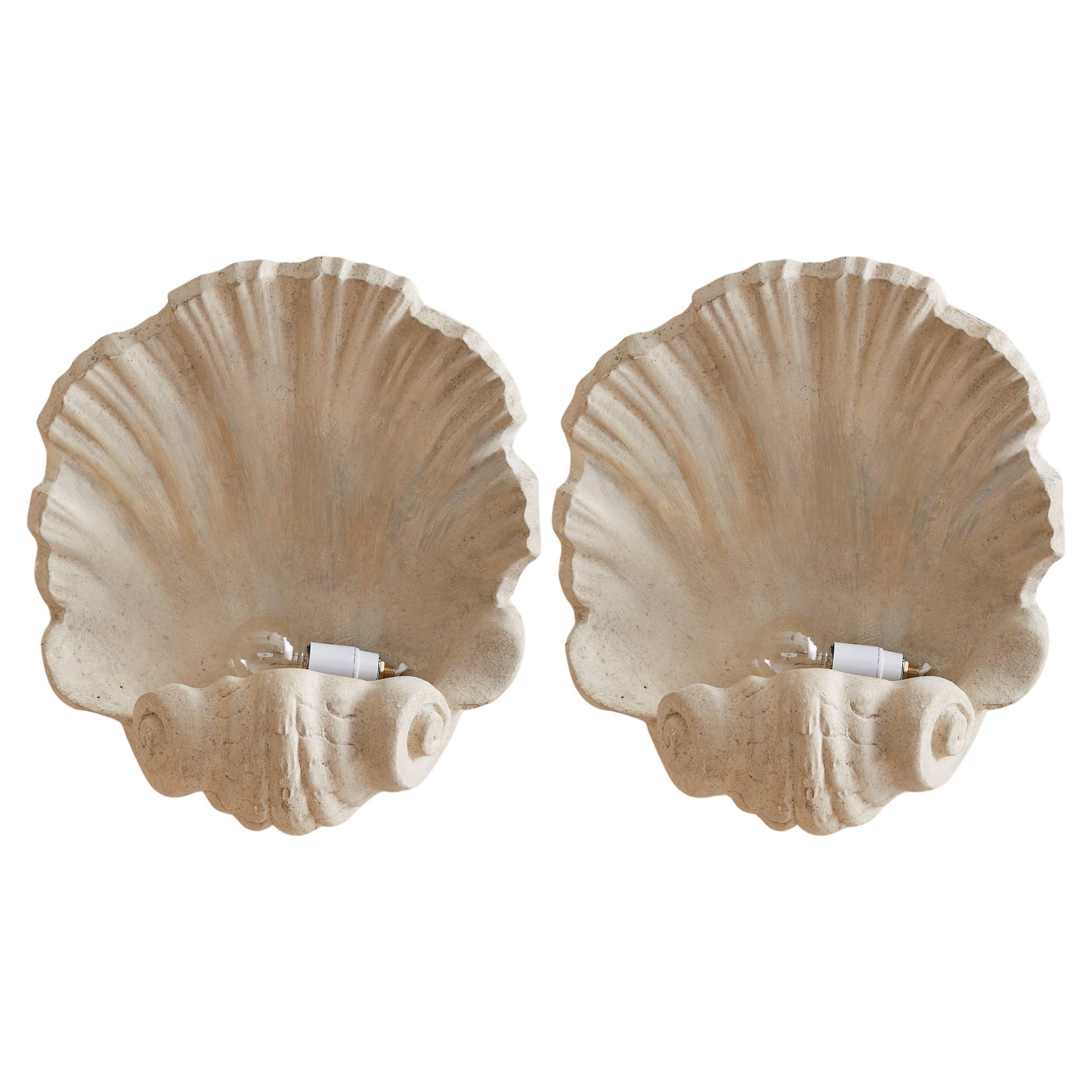 Pair of French Plaster Scallop Shell Sconces, 1940s