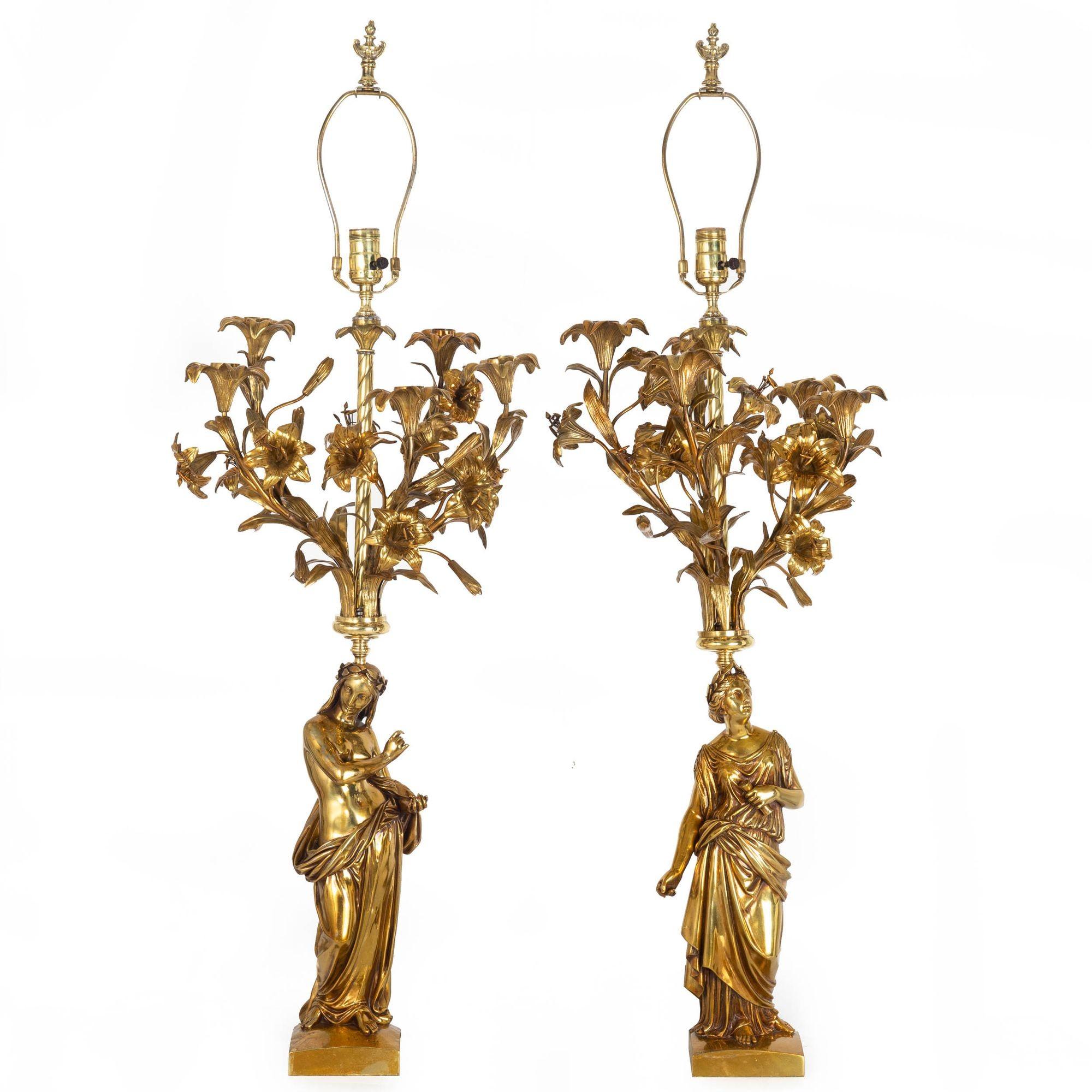 PAIR OF LACQUERED BRONZE 5-LIGHT FIGURAL CANDELABRA FEATURING THE MUSICIAN AND THE POET
After Jean-Jacques Feuchére and Eugene de Labroue  each signed on the base 