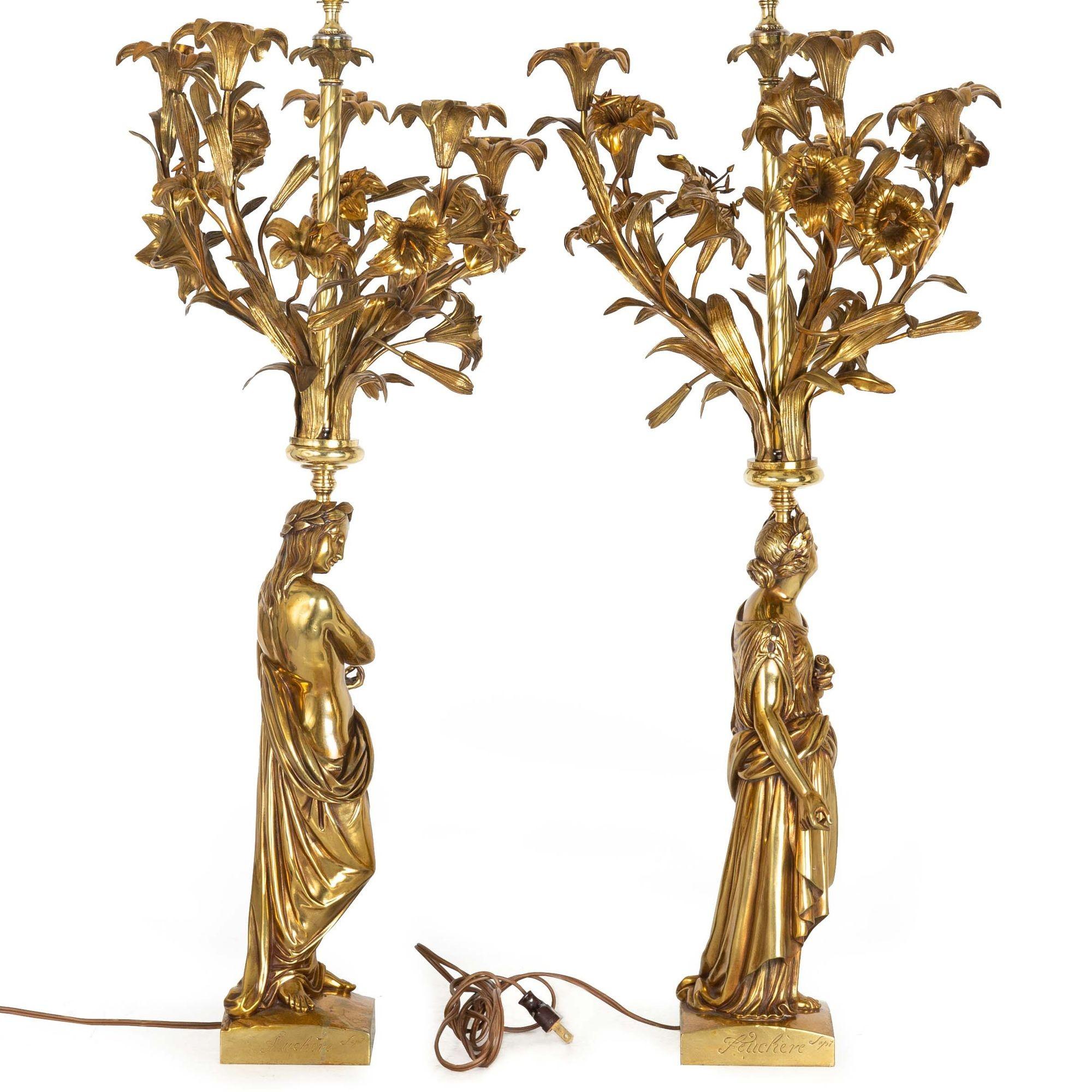 Romantic Pair of French “Poet & Musician” Bronze Sculpture Five-Light Candelabra For Sale