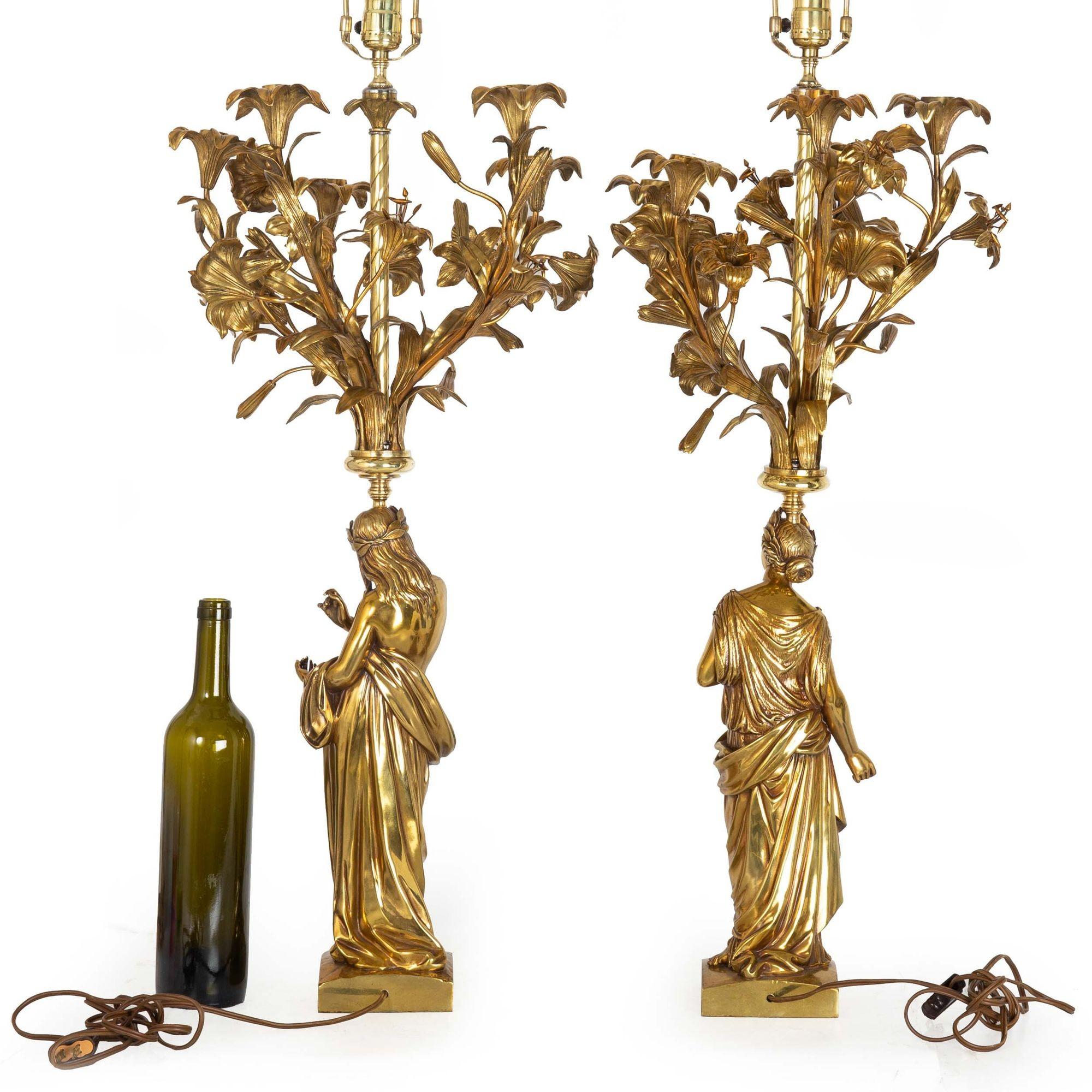 Lacquered Pair of French “Poet & Musician” Bronze Sculpture Five-Light Candelabra For Sale