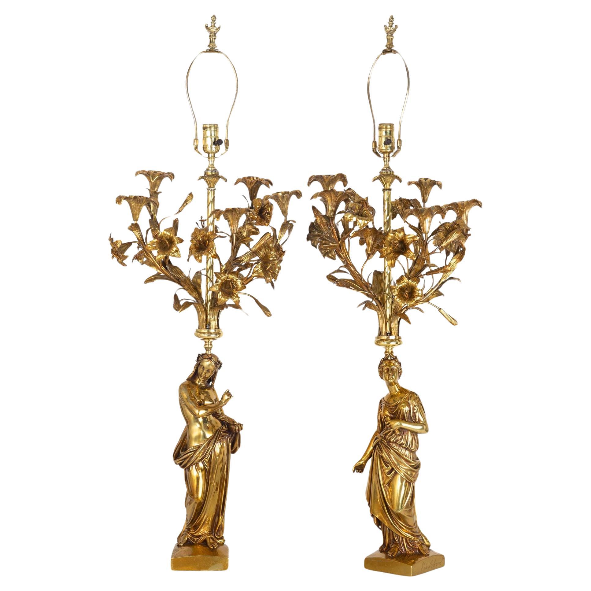 Pair of French “Poet & Musician” Bronze Sculpture Five-Light Candelabra For Sale