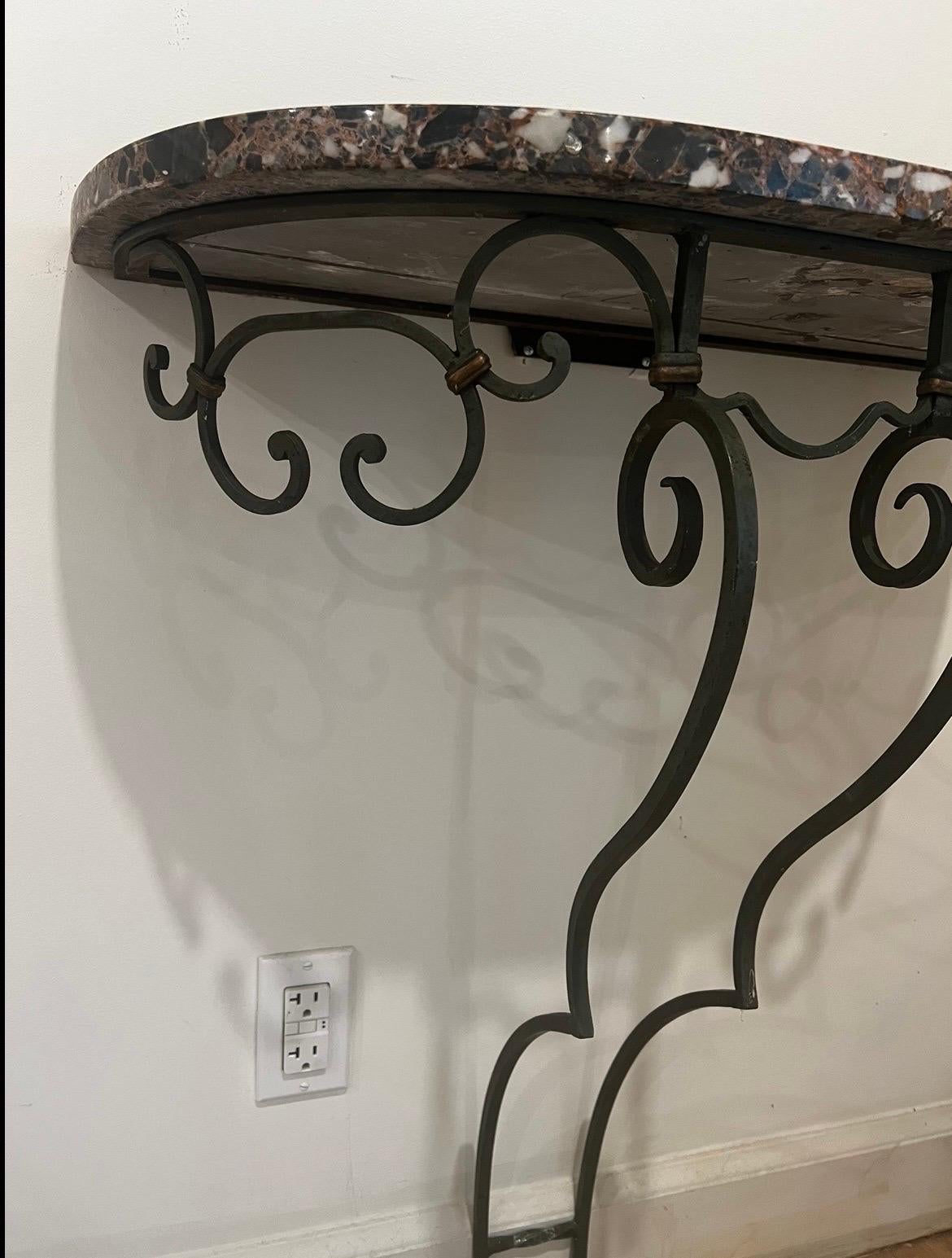 Pair of French Poillerat Style Marble Top Demi Lune Wall-Mount Console Tables For Sale 4