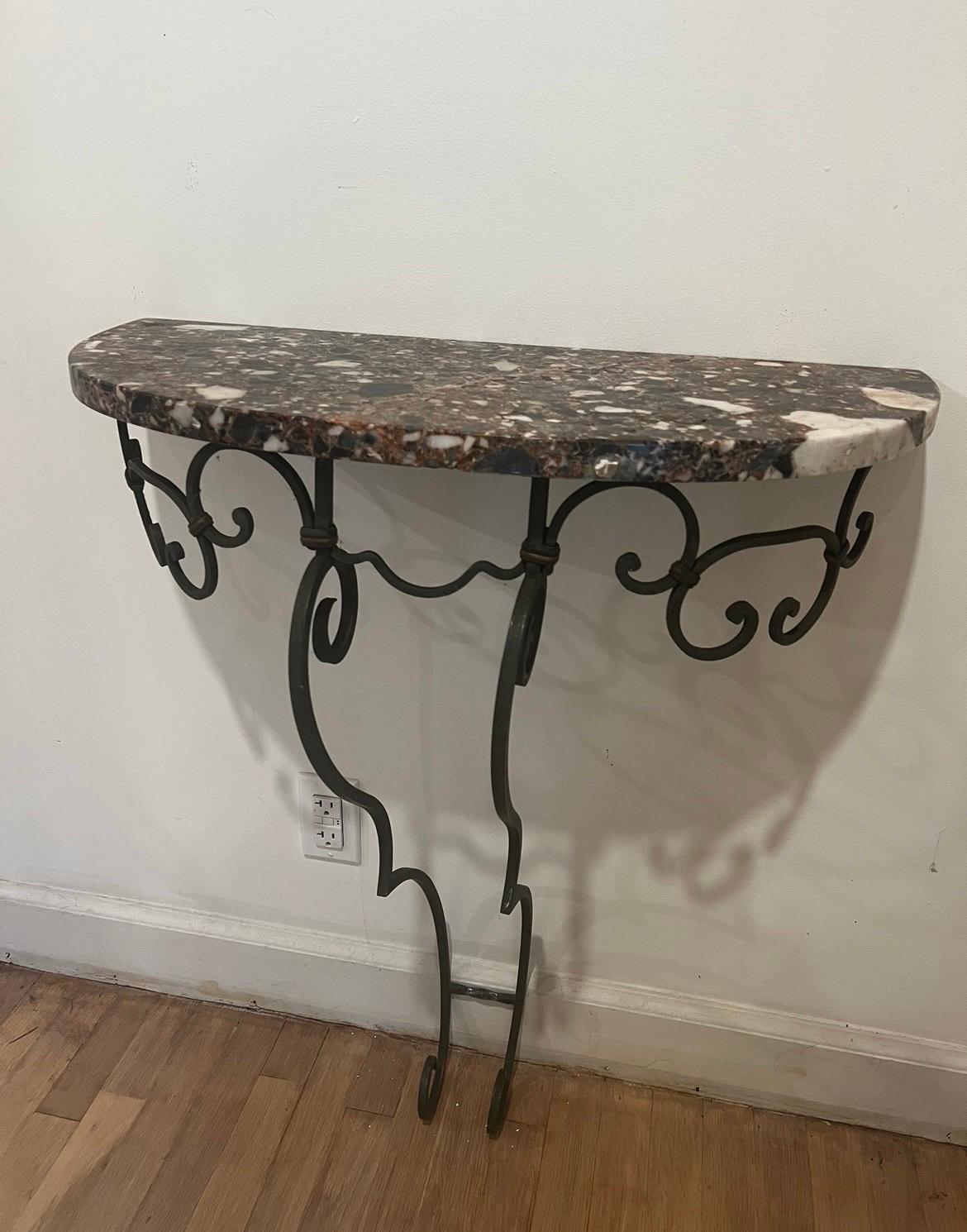 Art Deco Pair of French Poillerat Style Marble Top Demi Lune Wall-Mount Console Tables For Sale